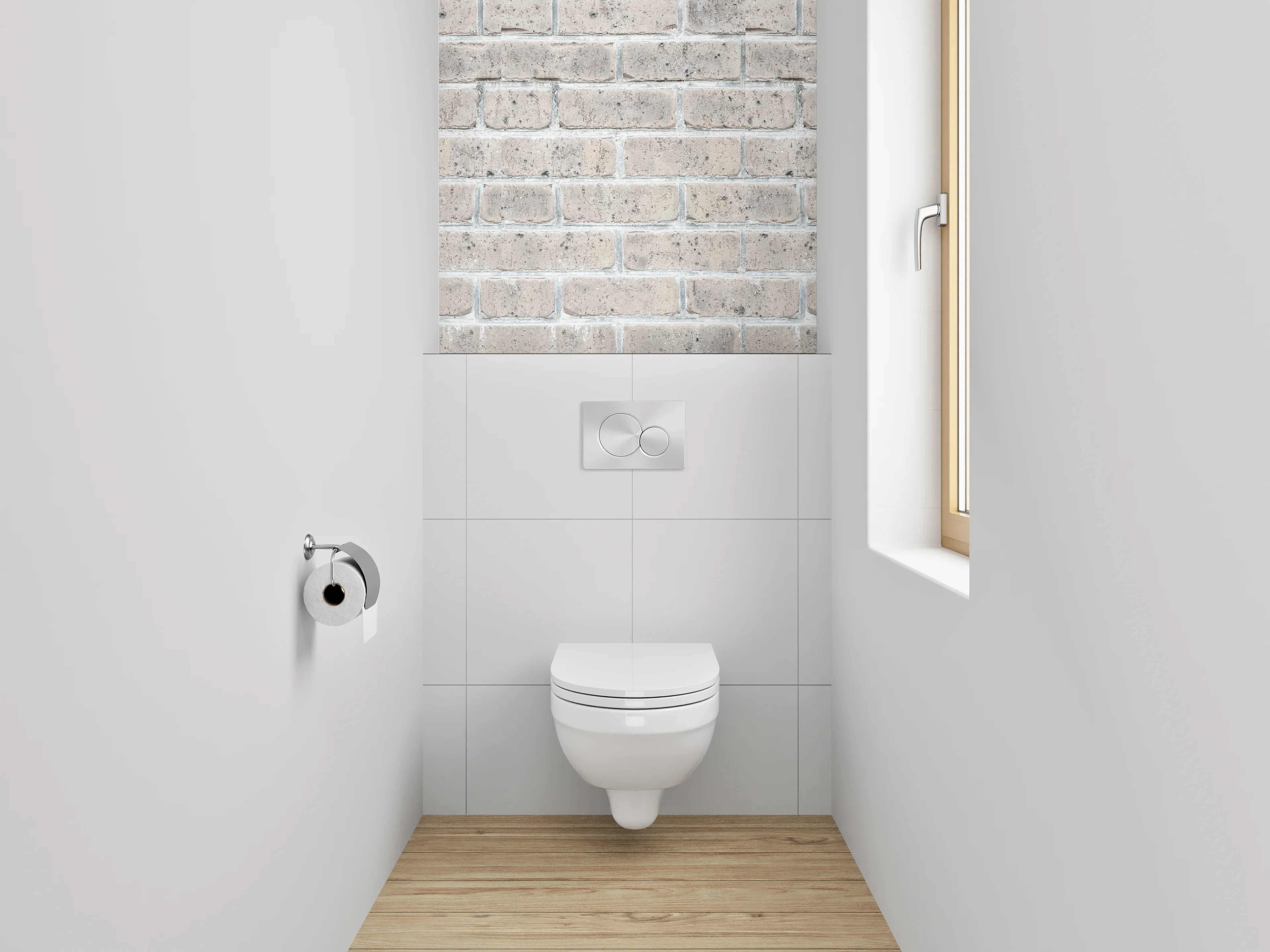 WC-Rückwand - Weiße Backsteinwand mit Betonstruktur