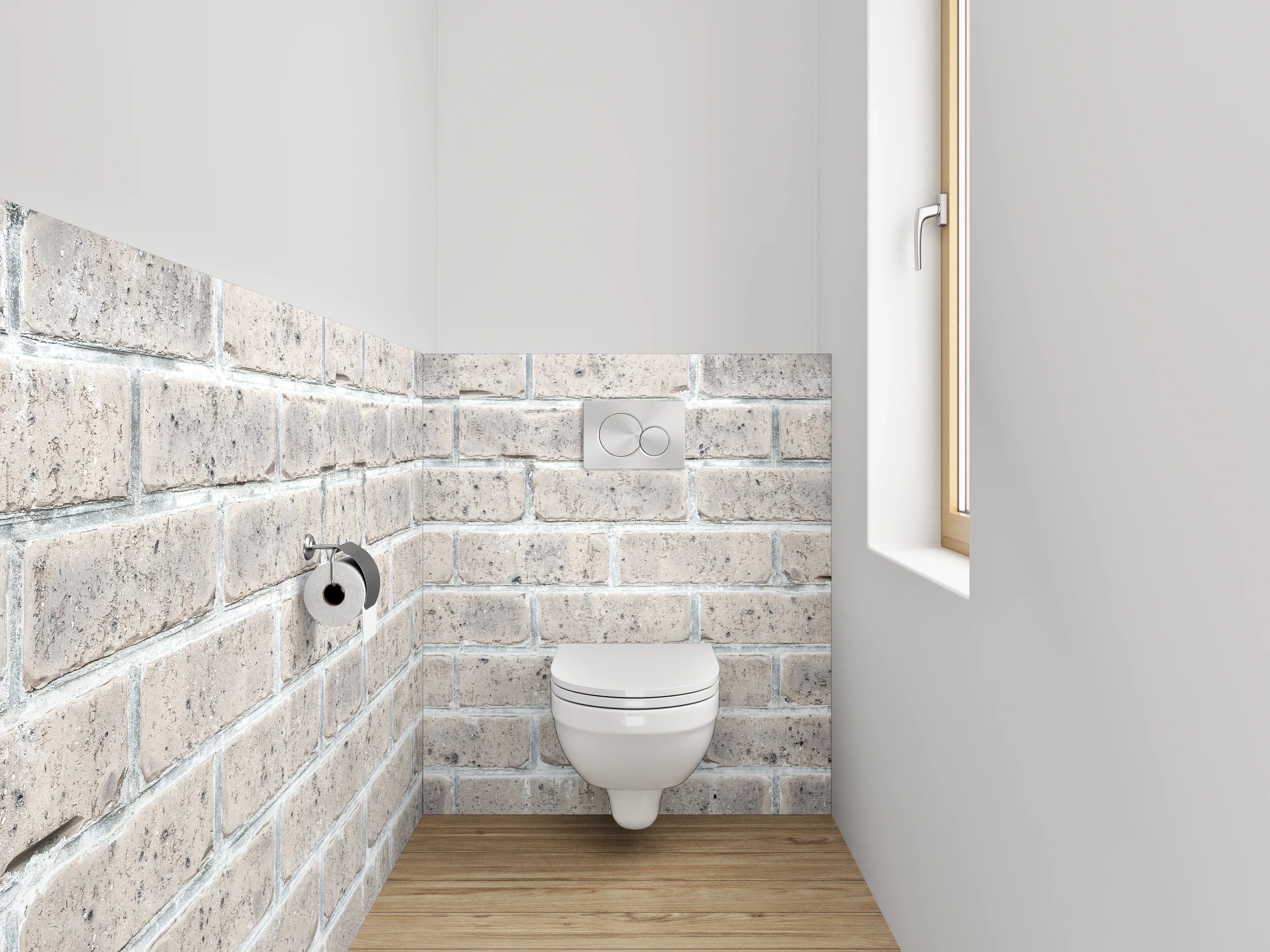 WC-Rückwand - Weiße Backsteinwand mit Betonstruktur