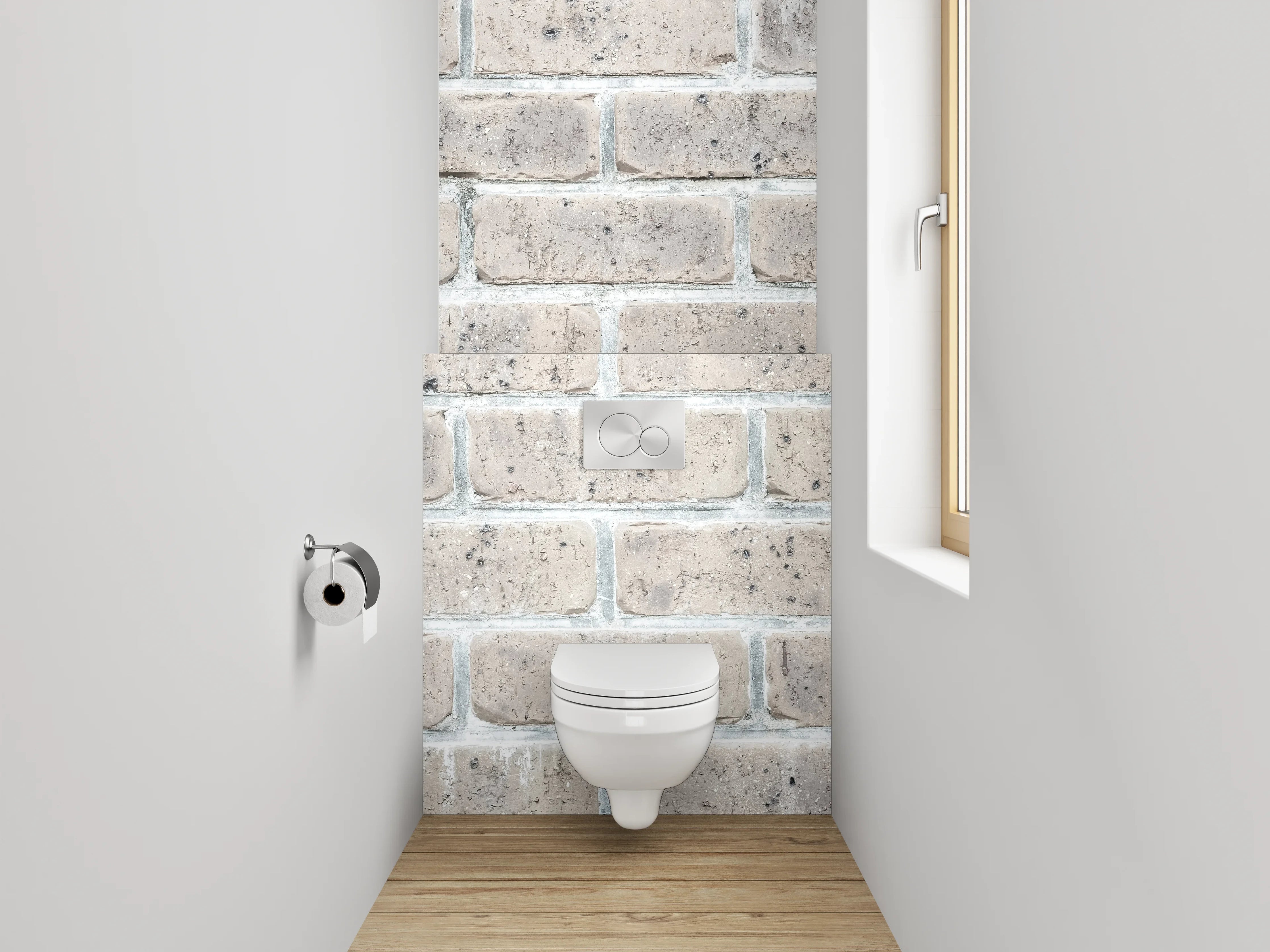 WC-Rückwand - Weiße Backsteinwand mit Betonstruktur