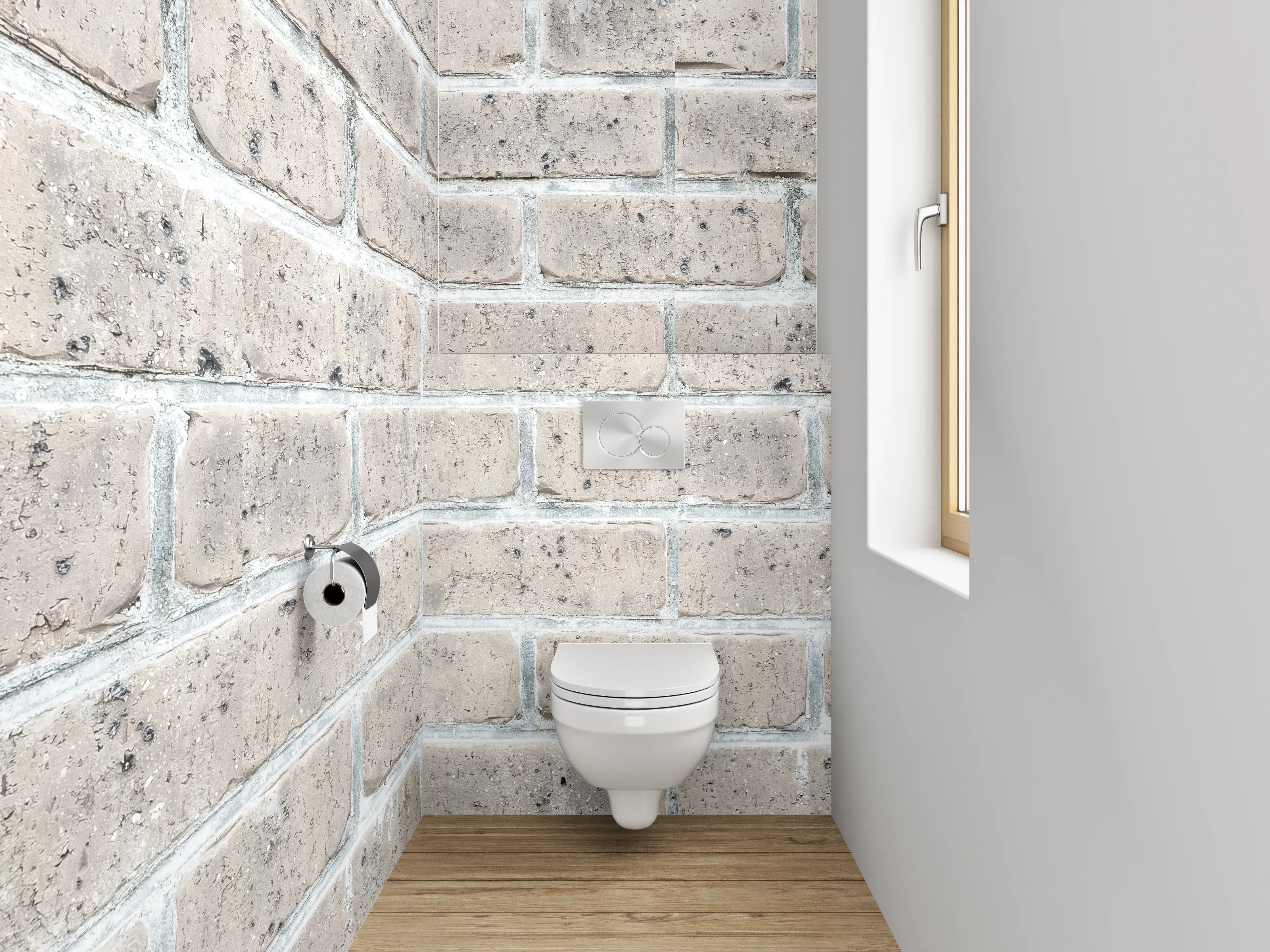 WC-Rückwand - Weiße Backsteinwand mit Betonstruktur