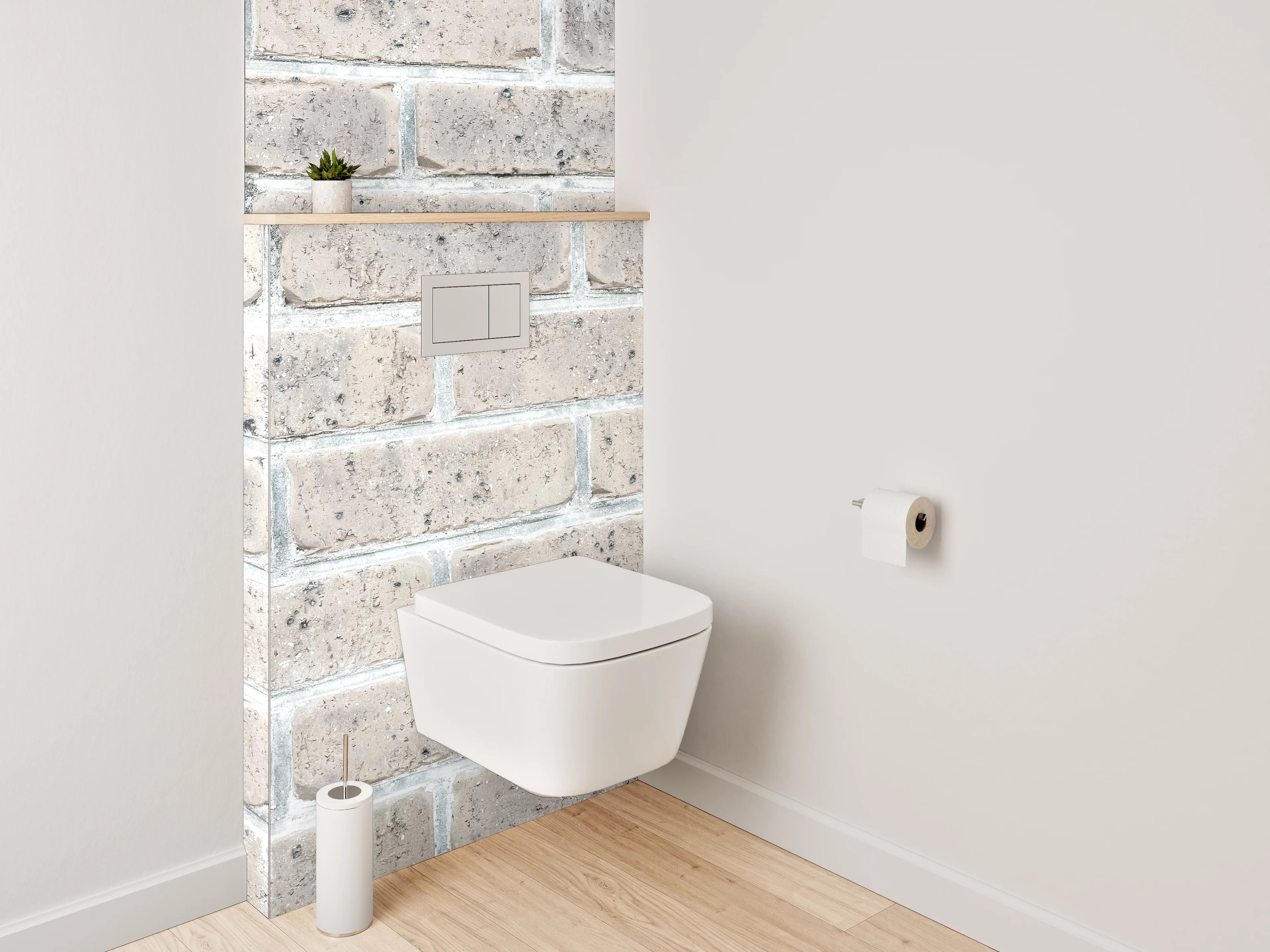 WC-Rückwand - Weiße Backsteinwand mit Betonstruktur