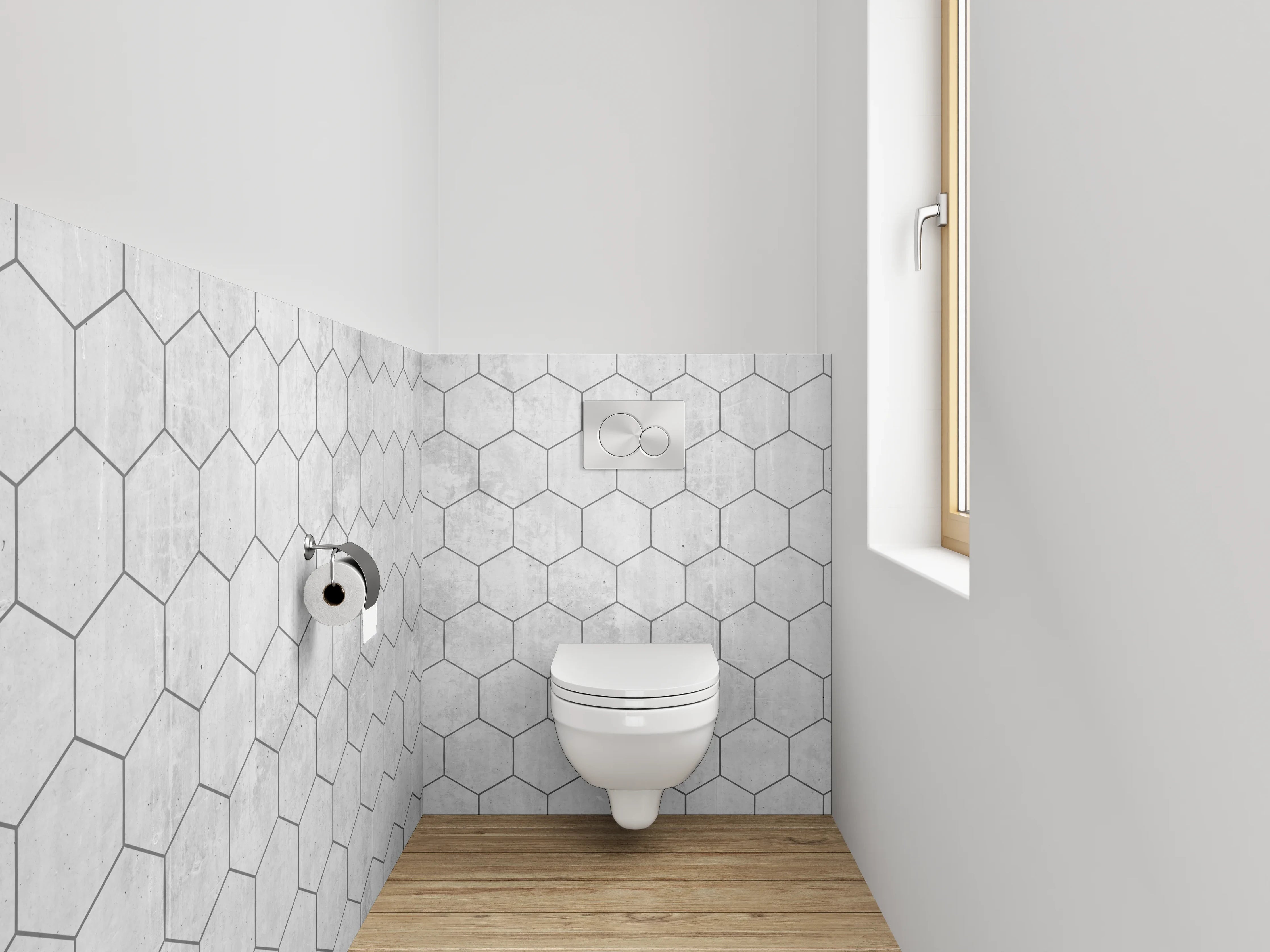 WC-Rückwand - Weiße Beton-Sechseck-Fliesenmuster Optik