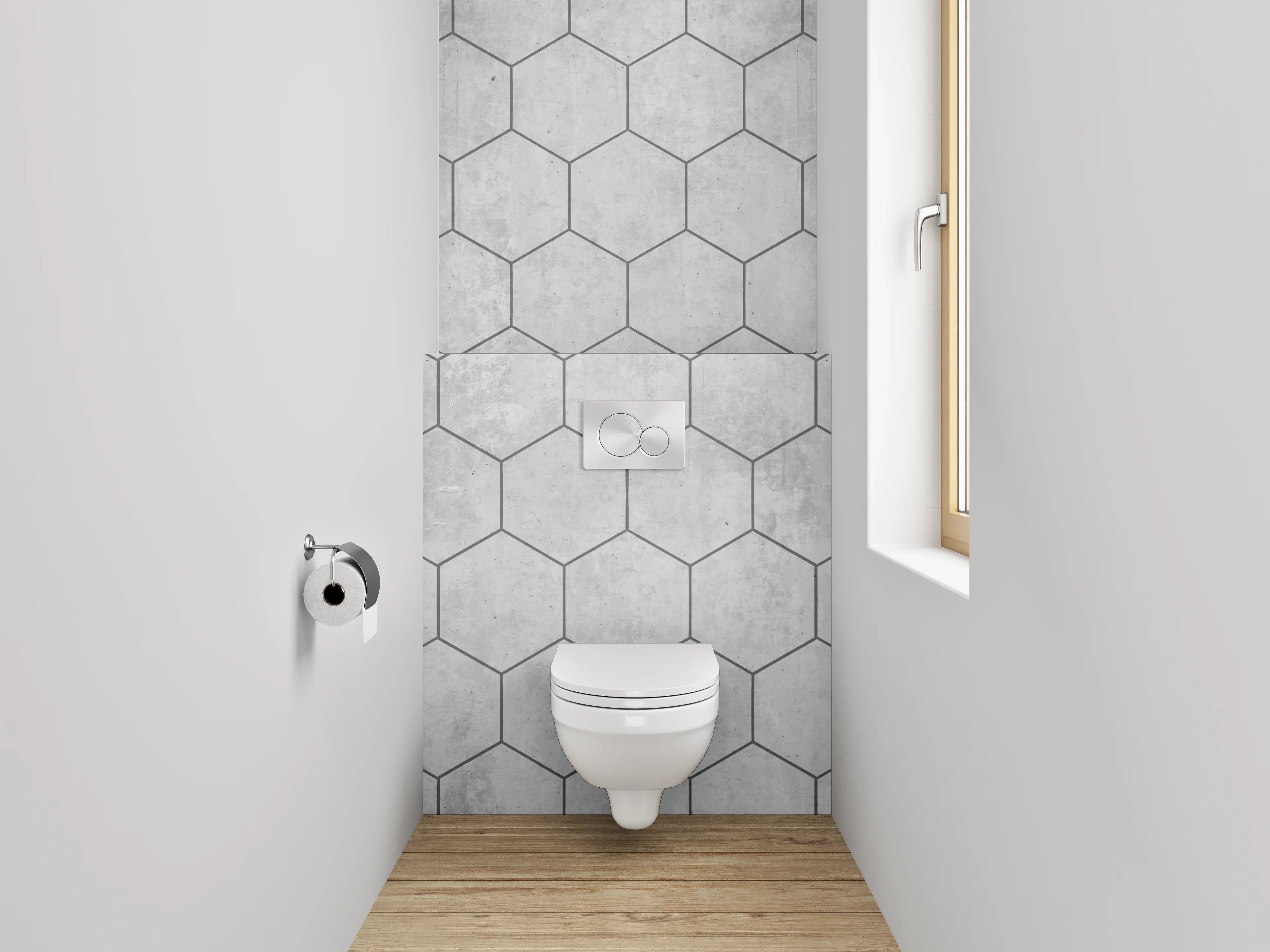 WC-Rückwand - Weiße Beton-Sechseck-Fliesenmuster Optik