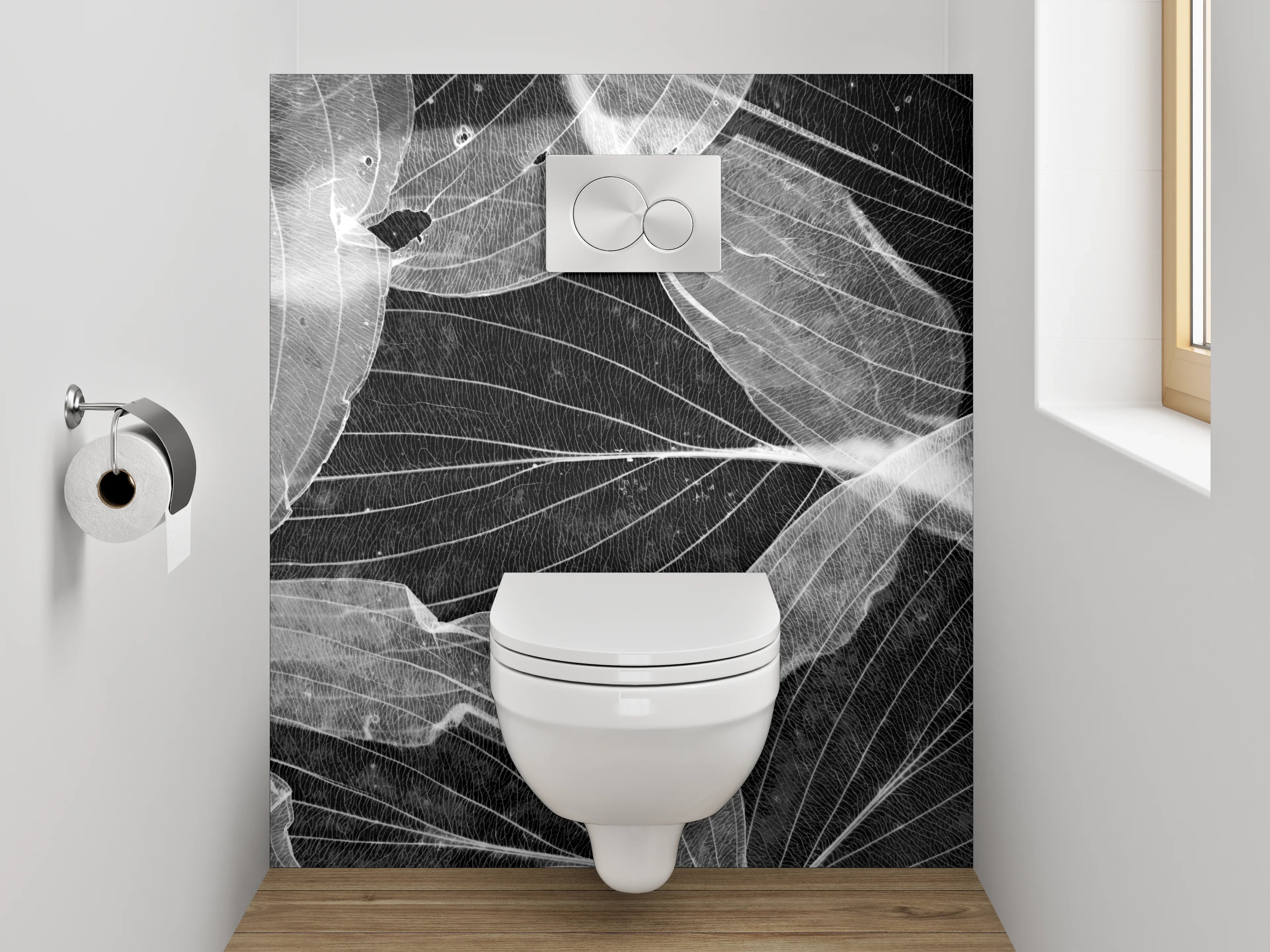 WC-Rückwand - Weiße Blätterstrukturen auf Schwarz