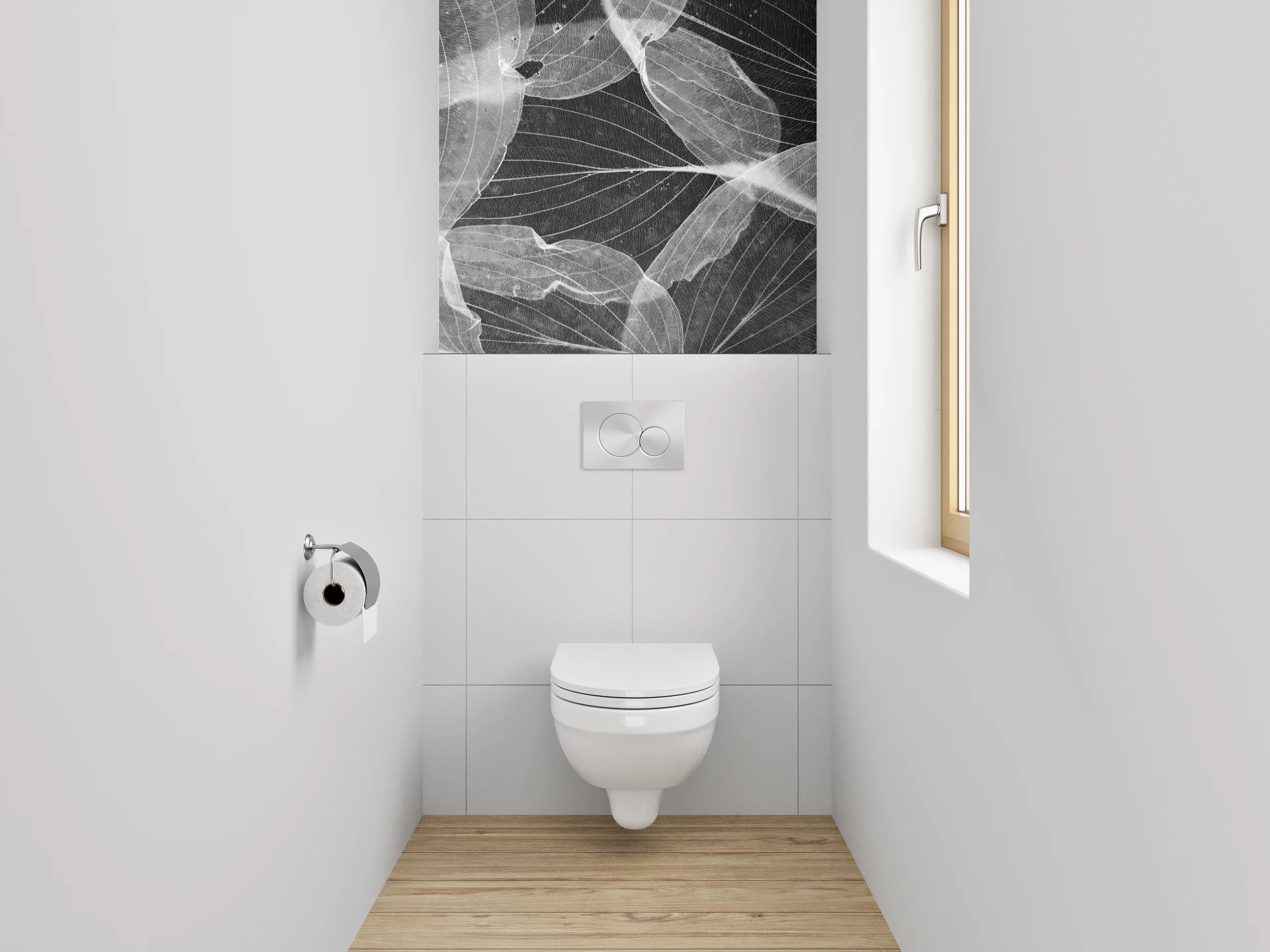 WC-Rückwand - Weiße Blätterstrukturen auf Schwarz
