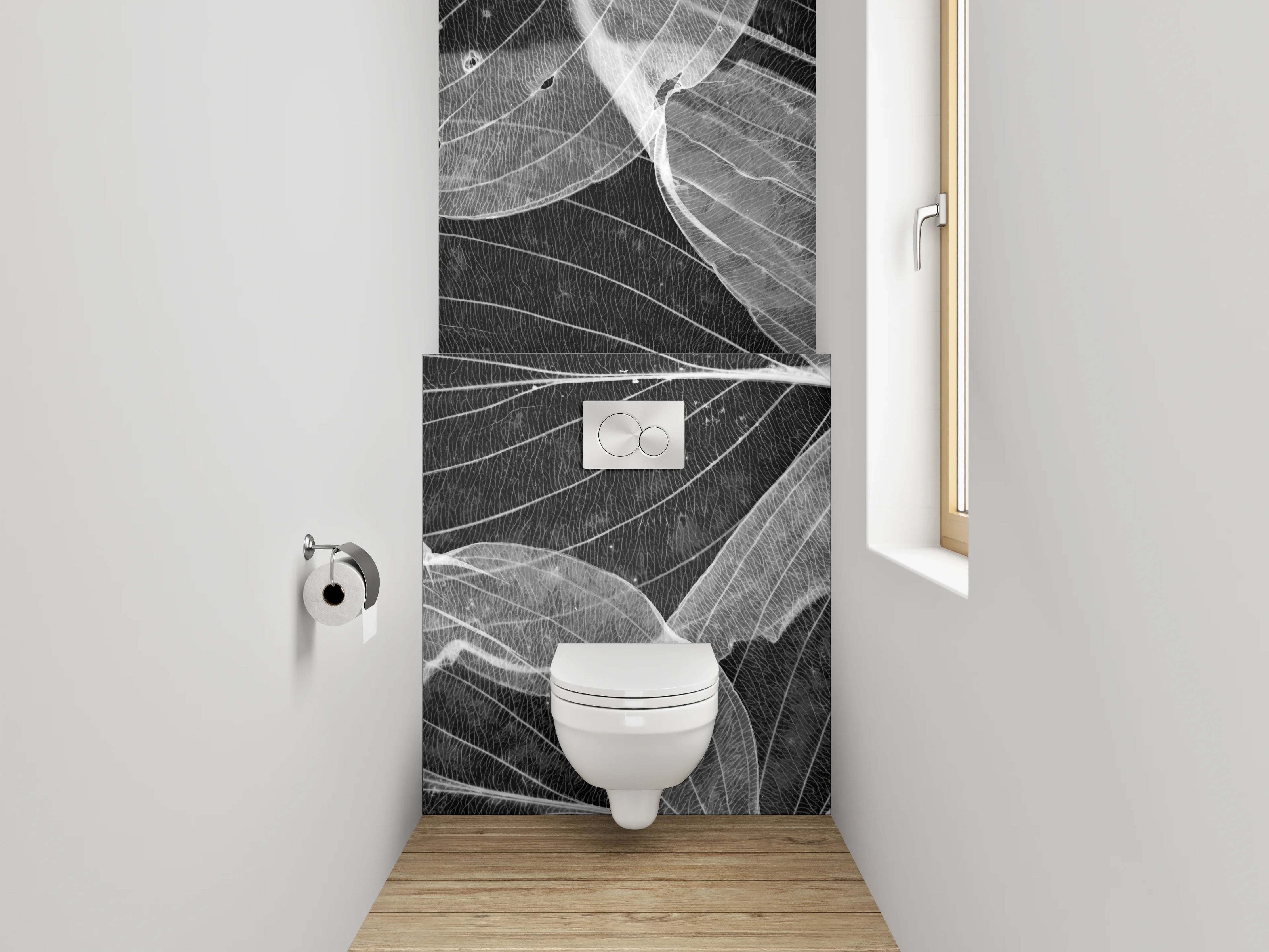 WC-Rückwand - Weiße Blätterstrukturen auf Schwarz