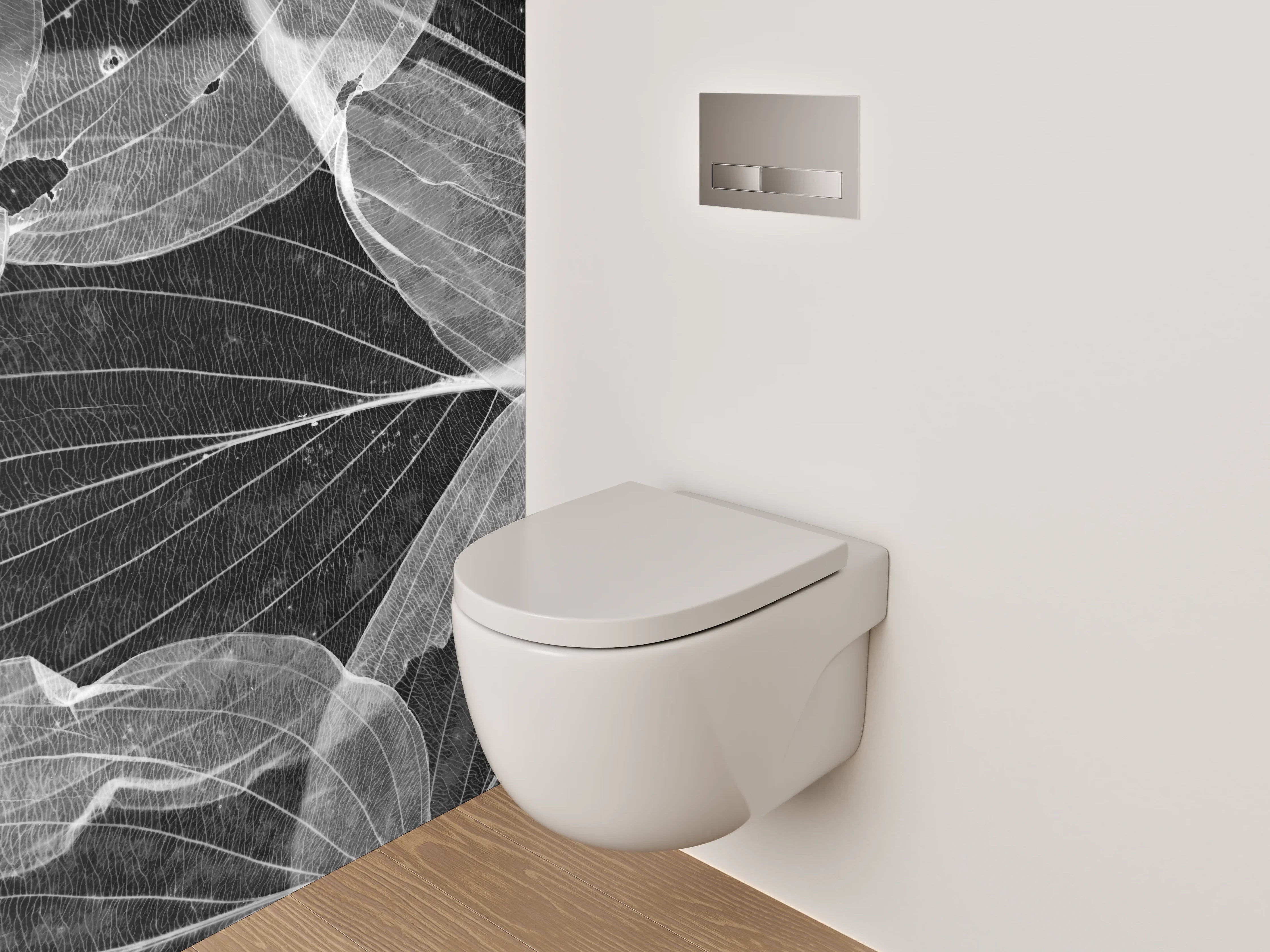 WC-Rückwand - Weiße Blätterstrukturen auf Schwarz