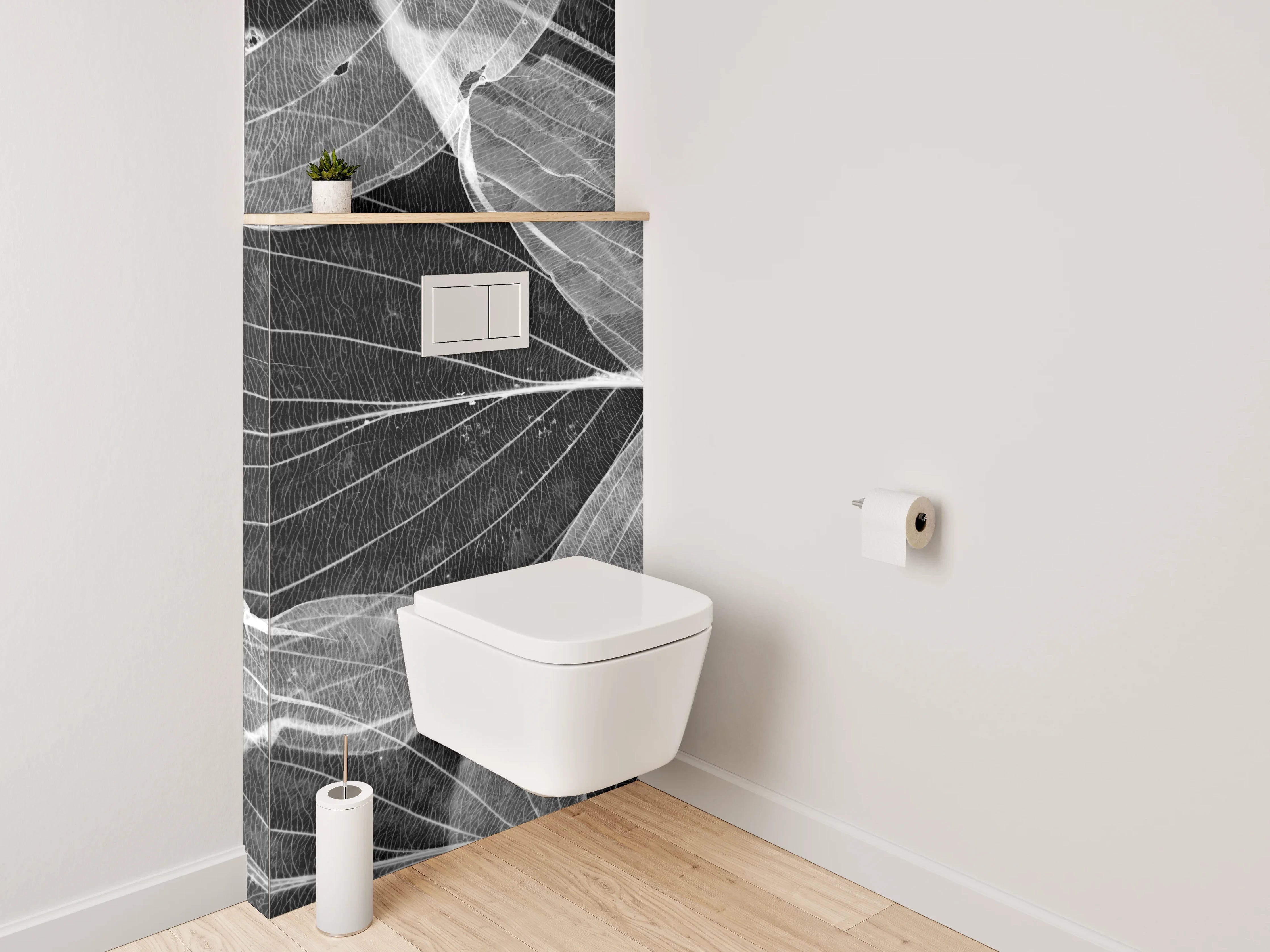 WC-Rückwand - Weiße Blätterstrukturen auf Schwarz