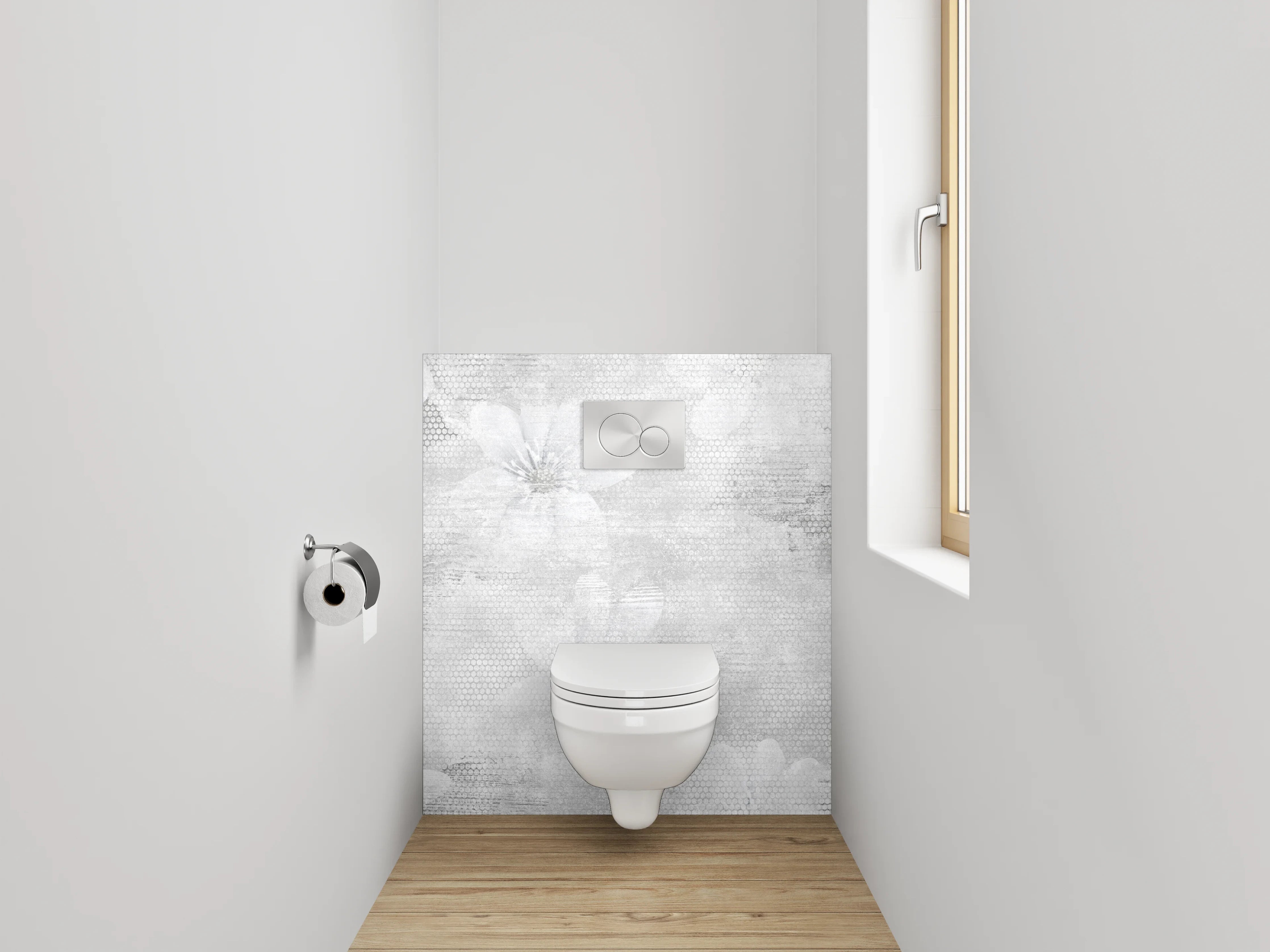 WC-Rückwand - Weiße Blüten auf grauem Aquarell