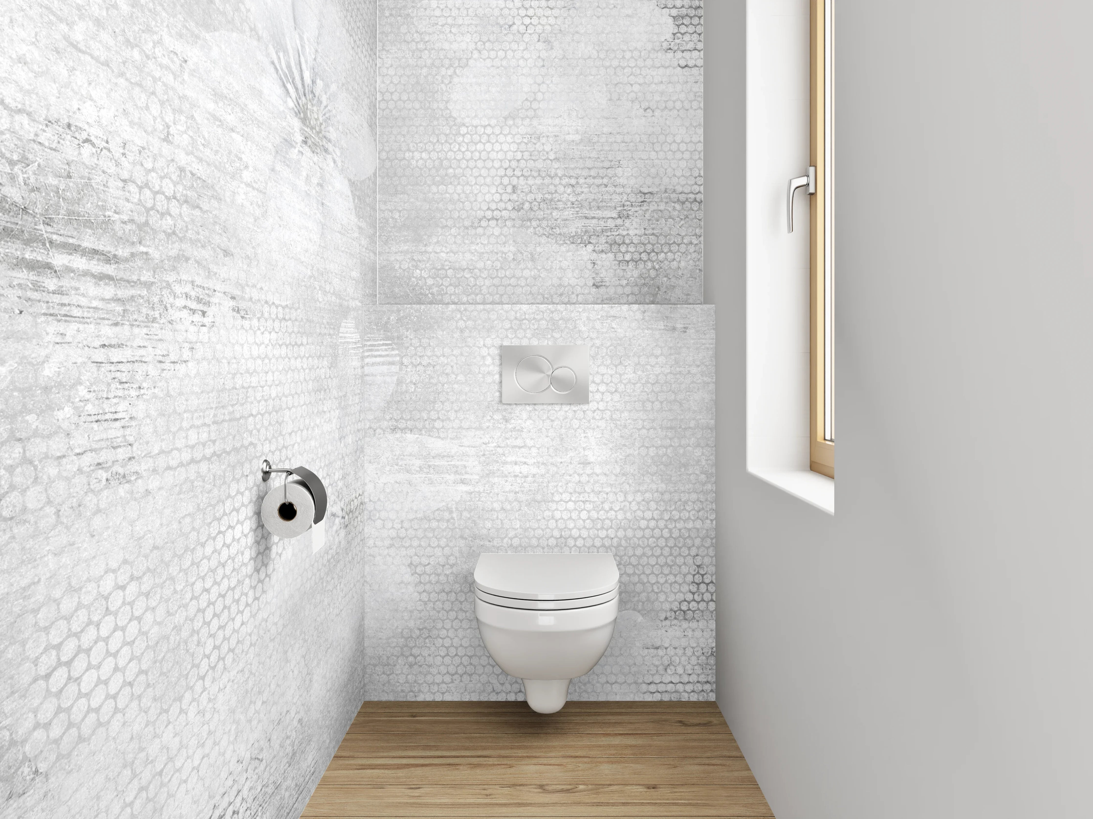 WC-Rückwand - Weiße Blüten auf grauem Aquarell
