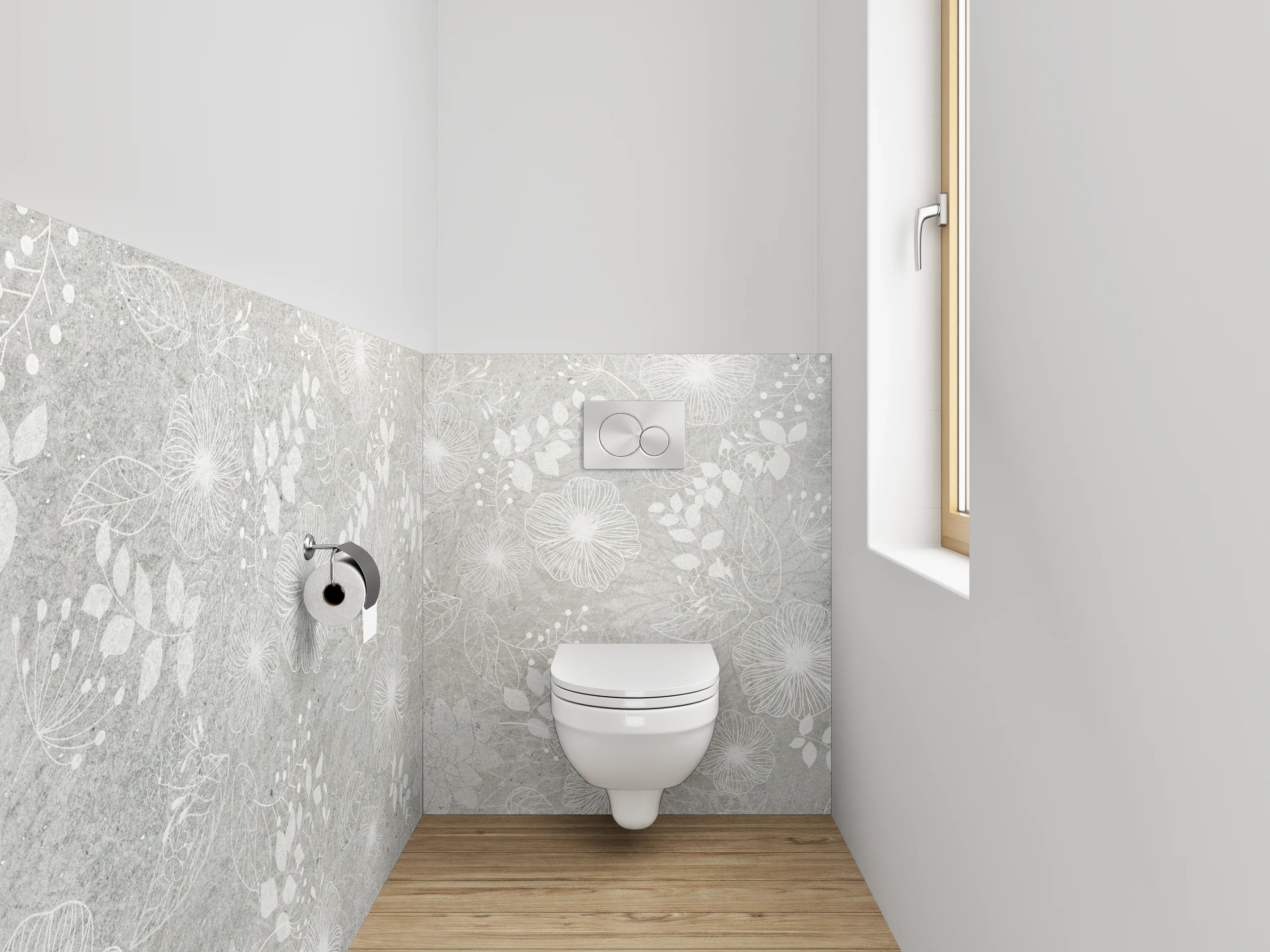 WC-Rückwand - Weiße Blumen auf grauem Untergrund