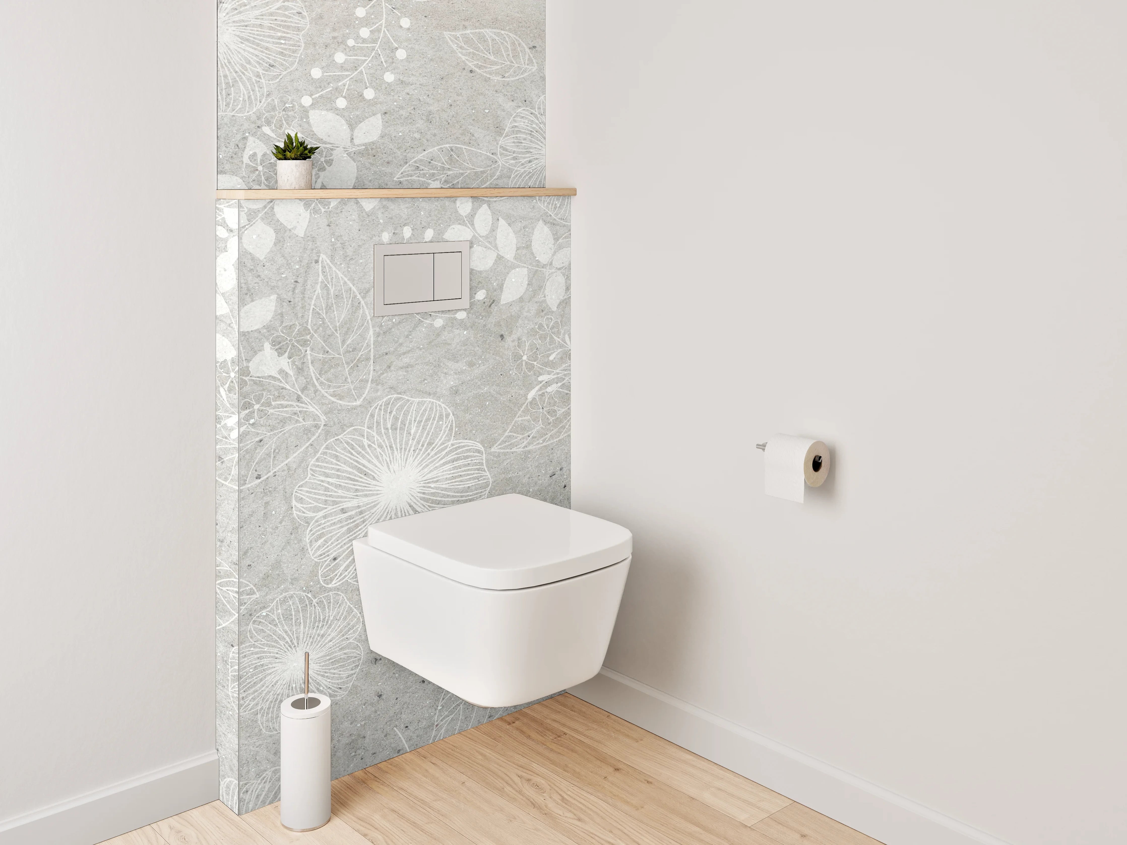 WC-Rückwand - Weiße Blumen auf grauem Untergrund
