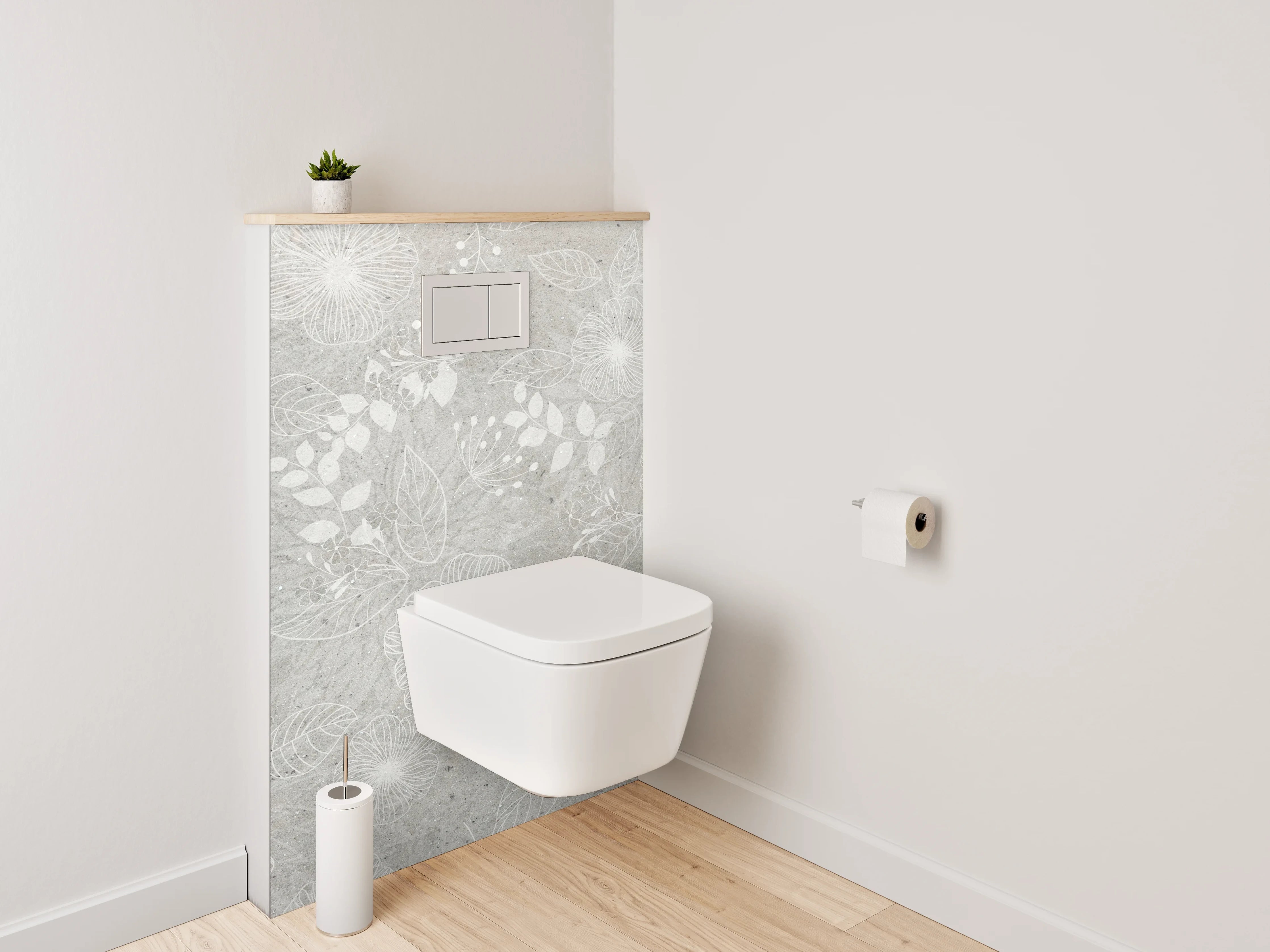 WC-Rückwand - Weiße Blumen auf grauem Untergrund
