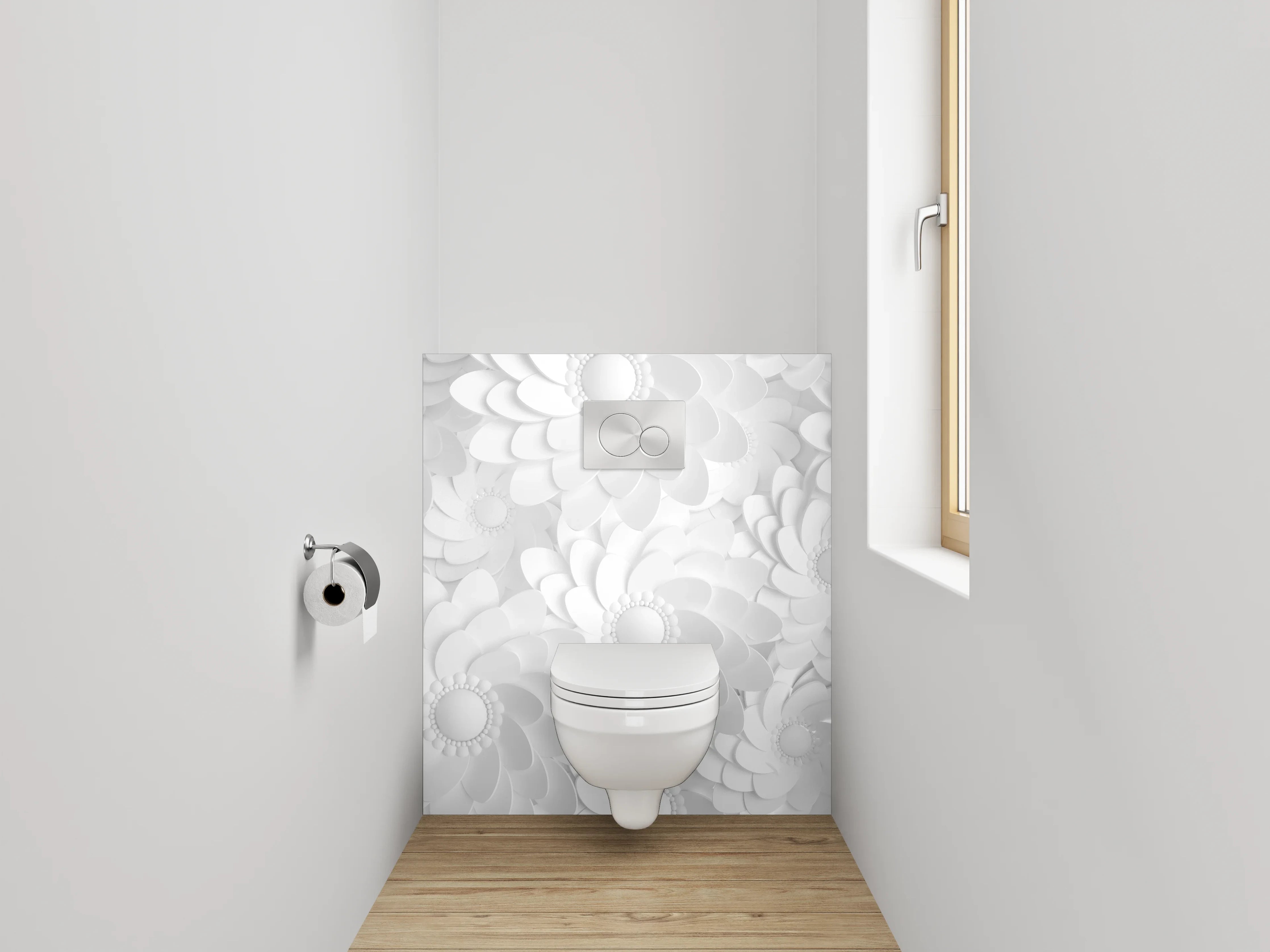 WC-Rückwand - Weiße Blumendekoration mit 3D-Effekt