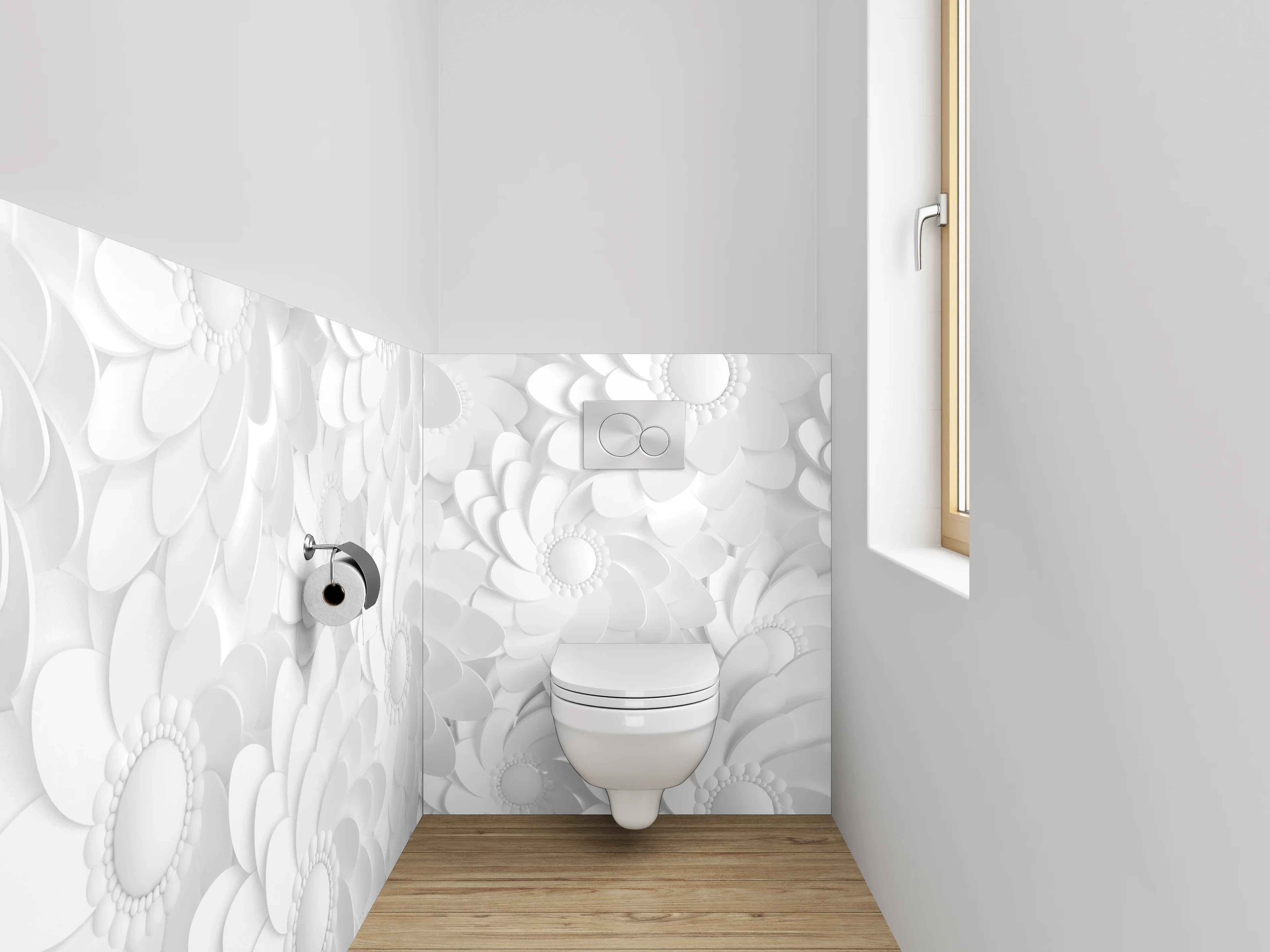 WC-Rückwand - Weiße Blumendekoration mit 3D-Effekt