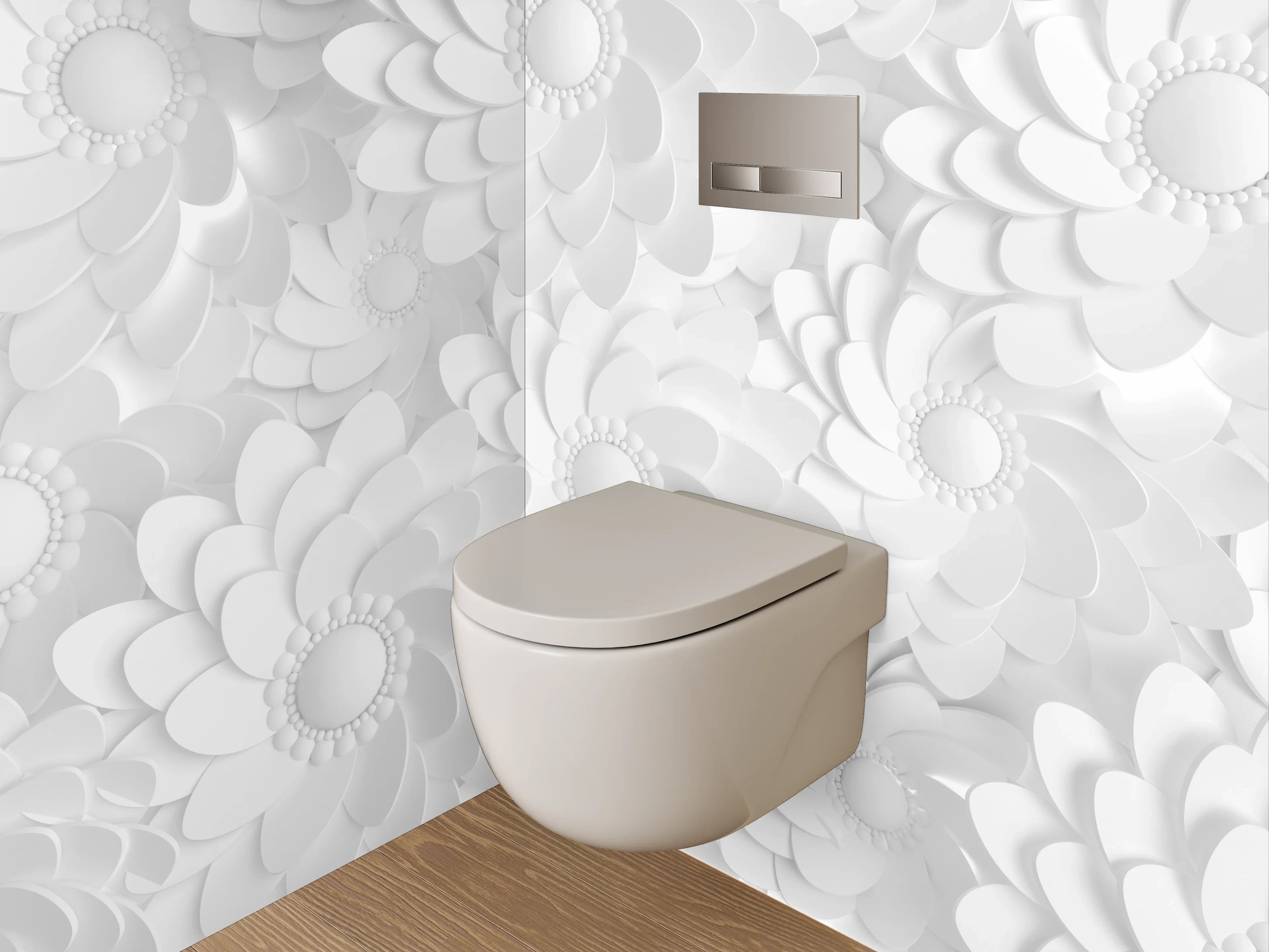 WC-Rückwand - Weiße Blumendekoration mit 3D-Effekt