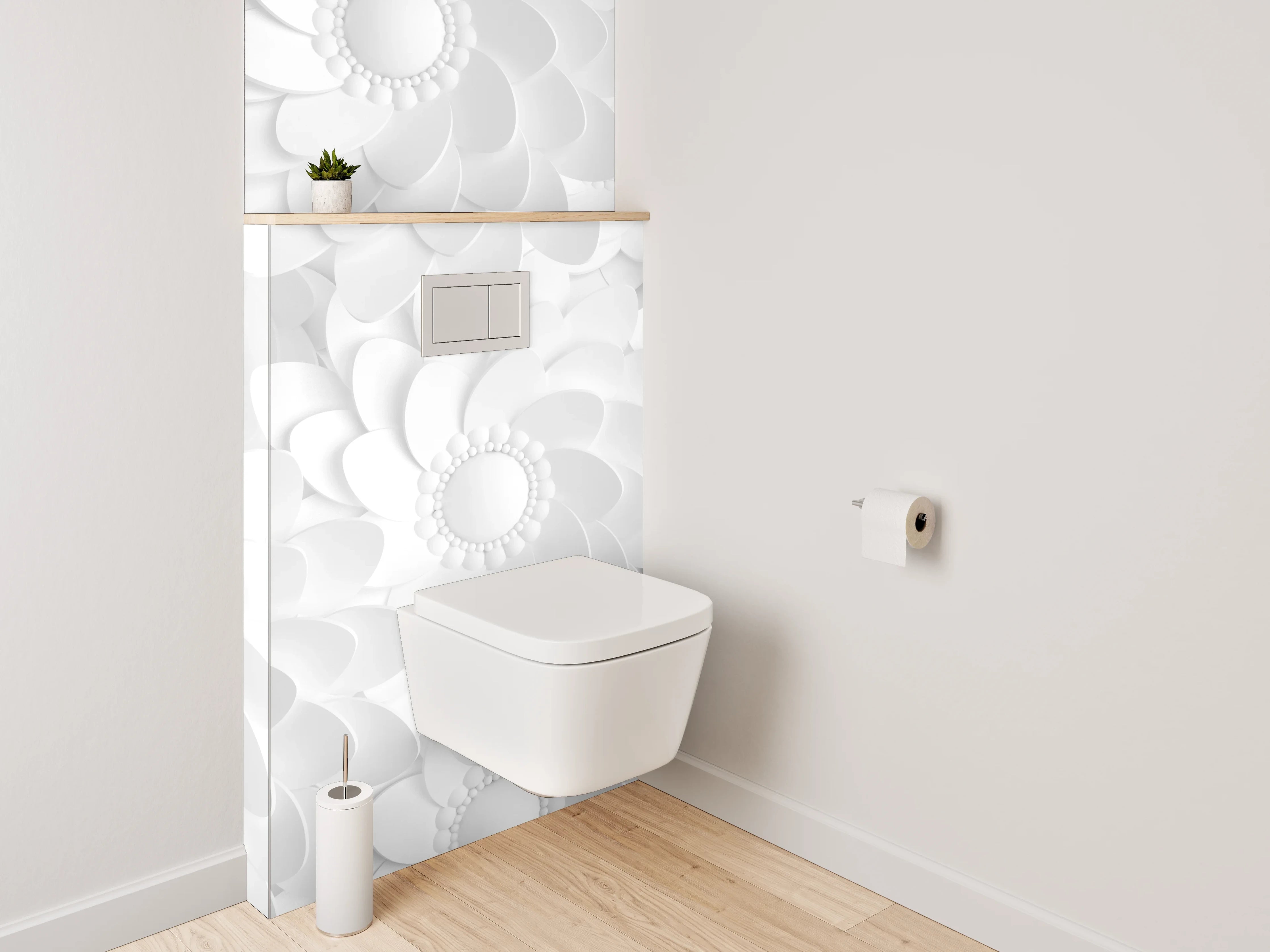 WC-Rückwand - Weiße Blumendekoration mit 3D-Effekt