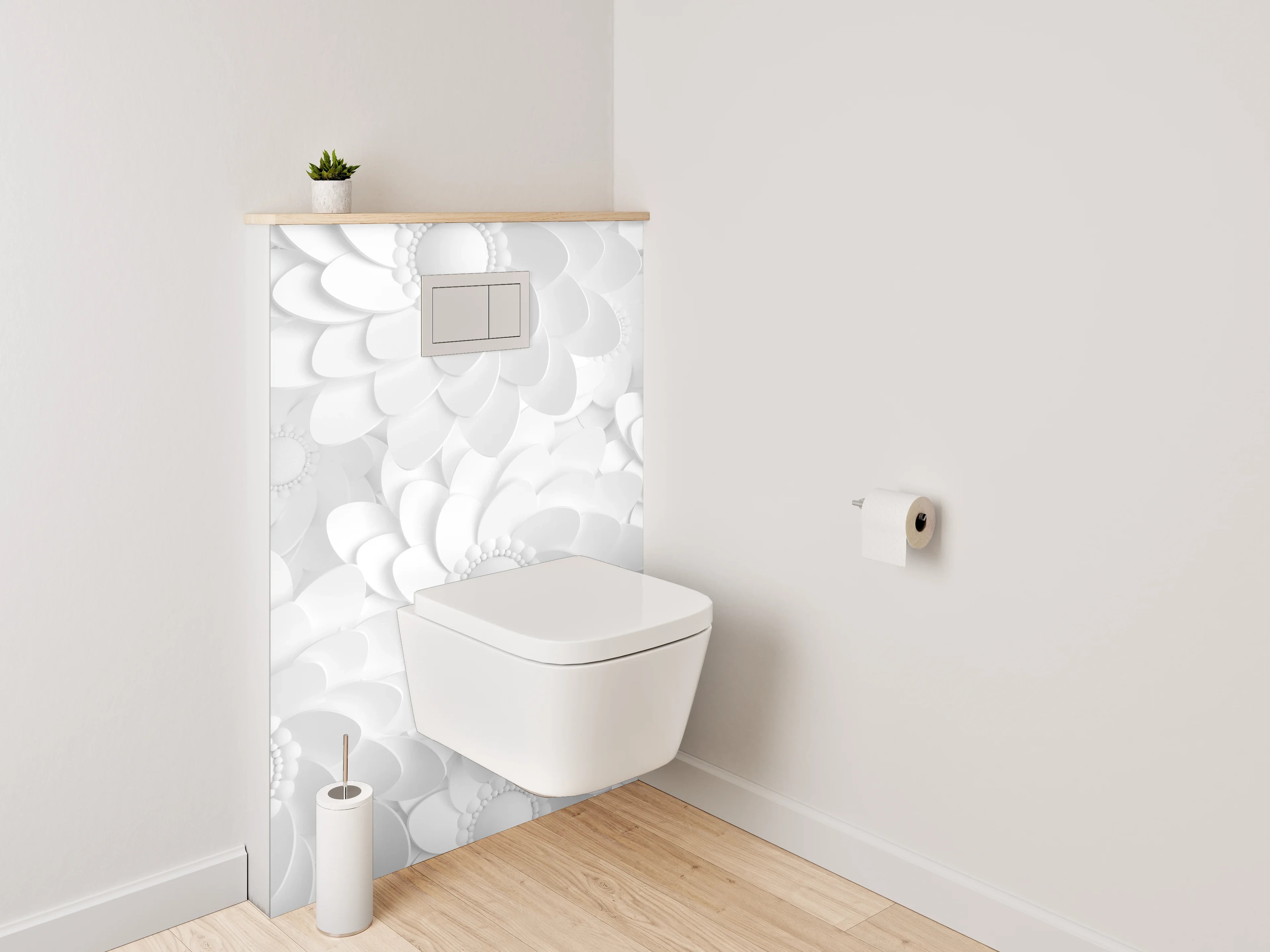 WC-Rückwand - Weiße Blumendekoration mit 3D-Effekt