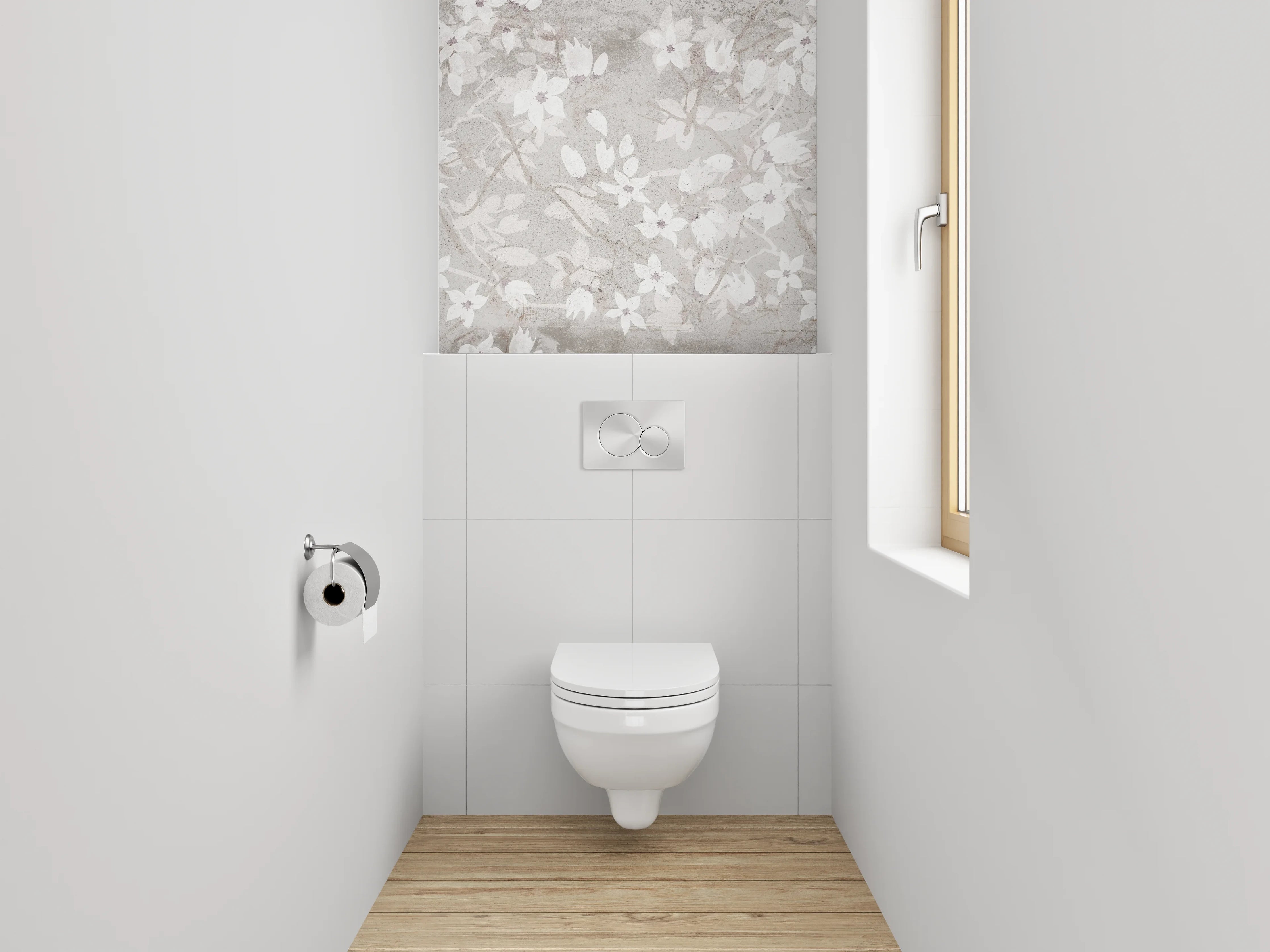 WC-Rückwand - Weiße Blumenmuster auf beige Hintergrund