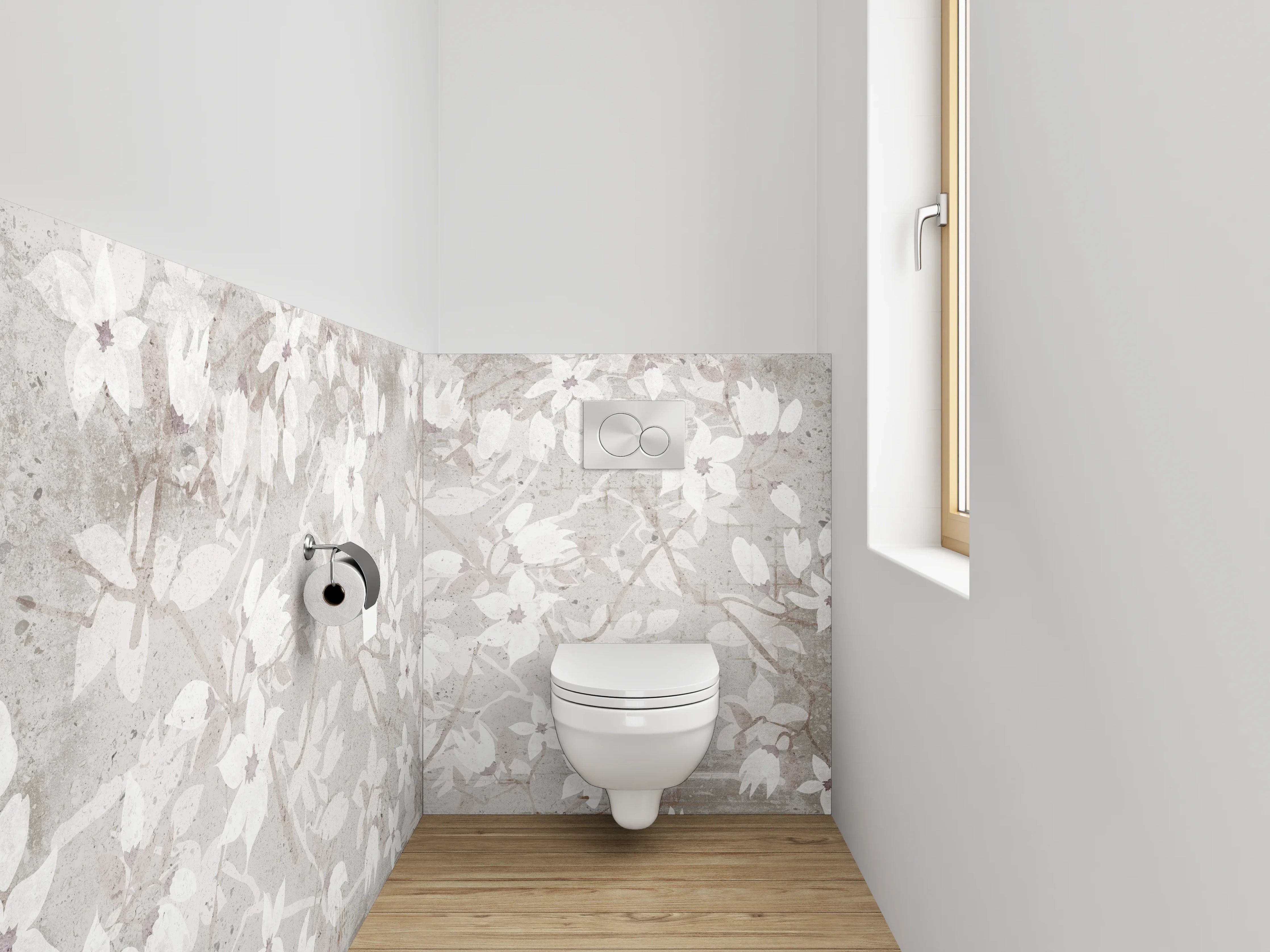 WC-Rückwand - Weiße Blumenmuster auf beige Hintergrund