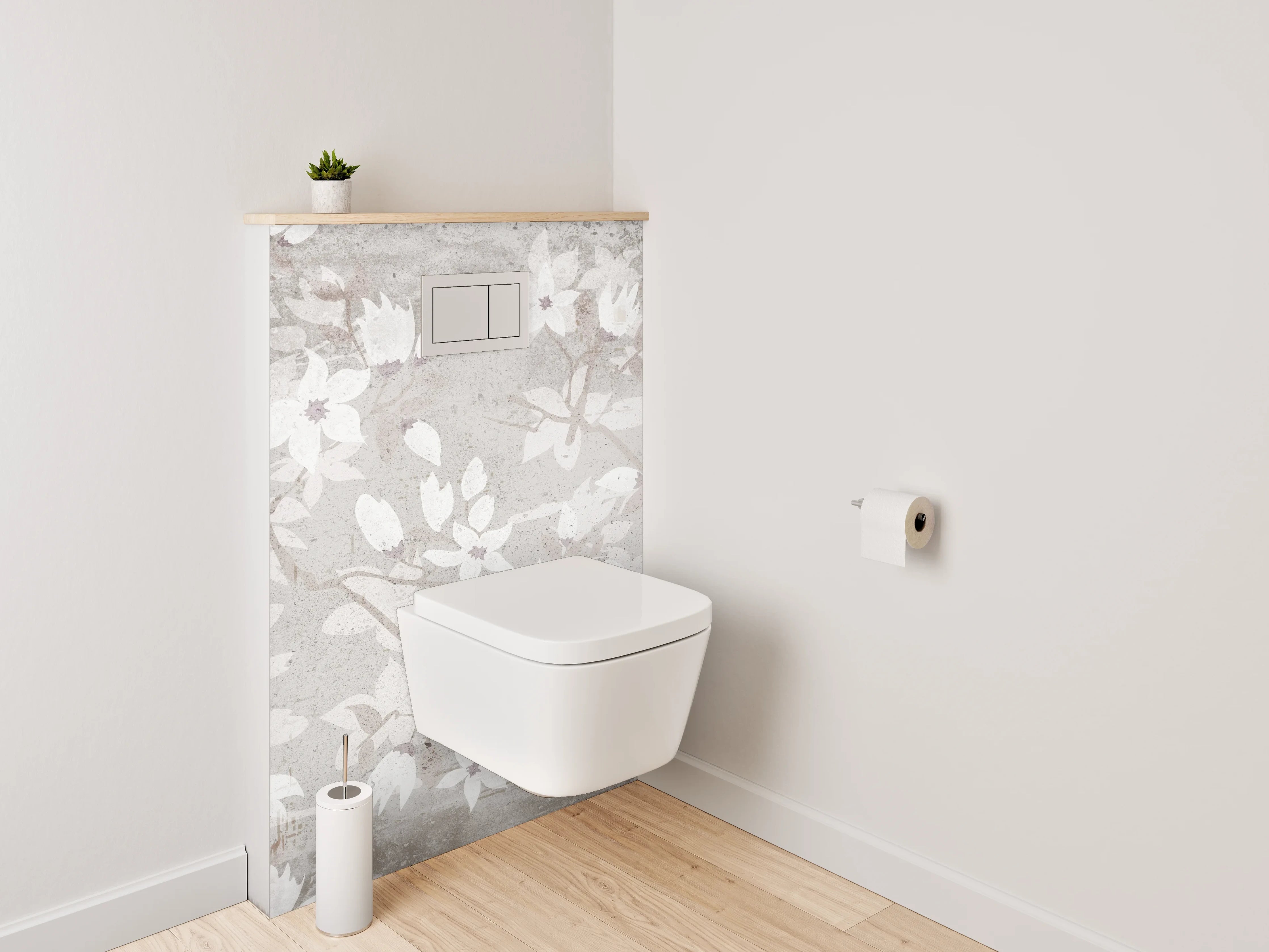 WC-Rückwand - Weiße Blumenmuster auf beige Hintergrund