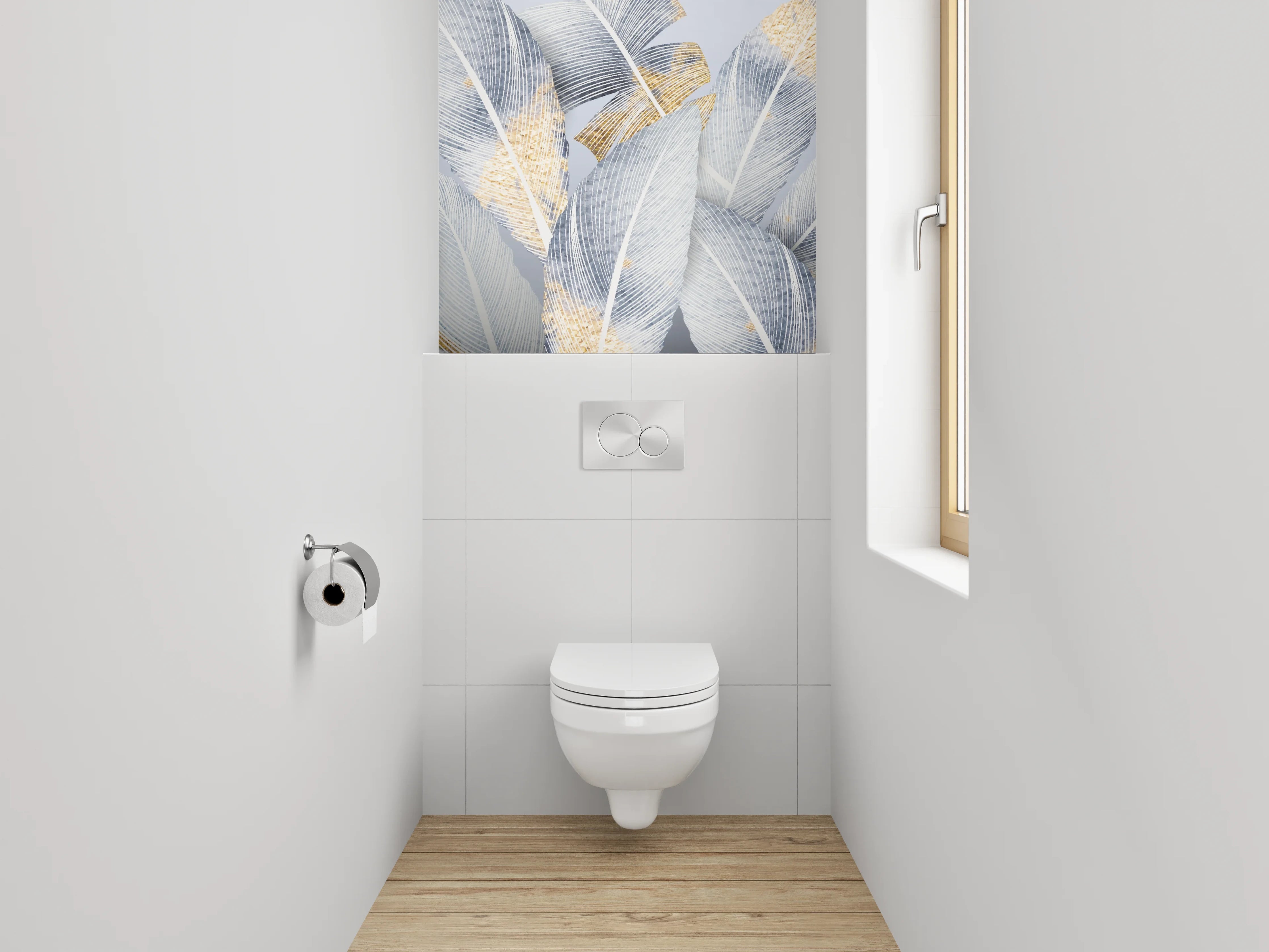 WC-Rückwand - Weiße Federn mit Goldakzenten