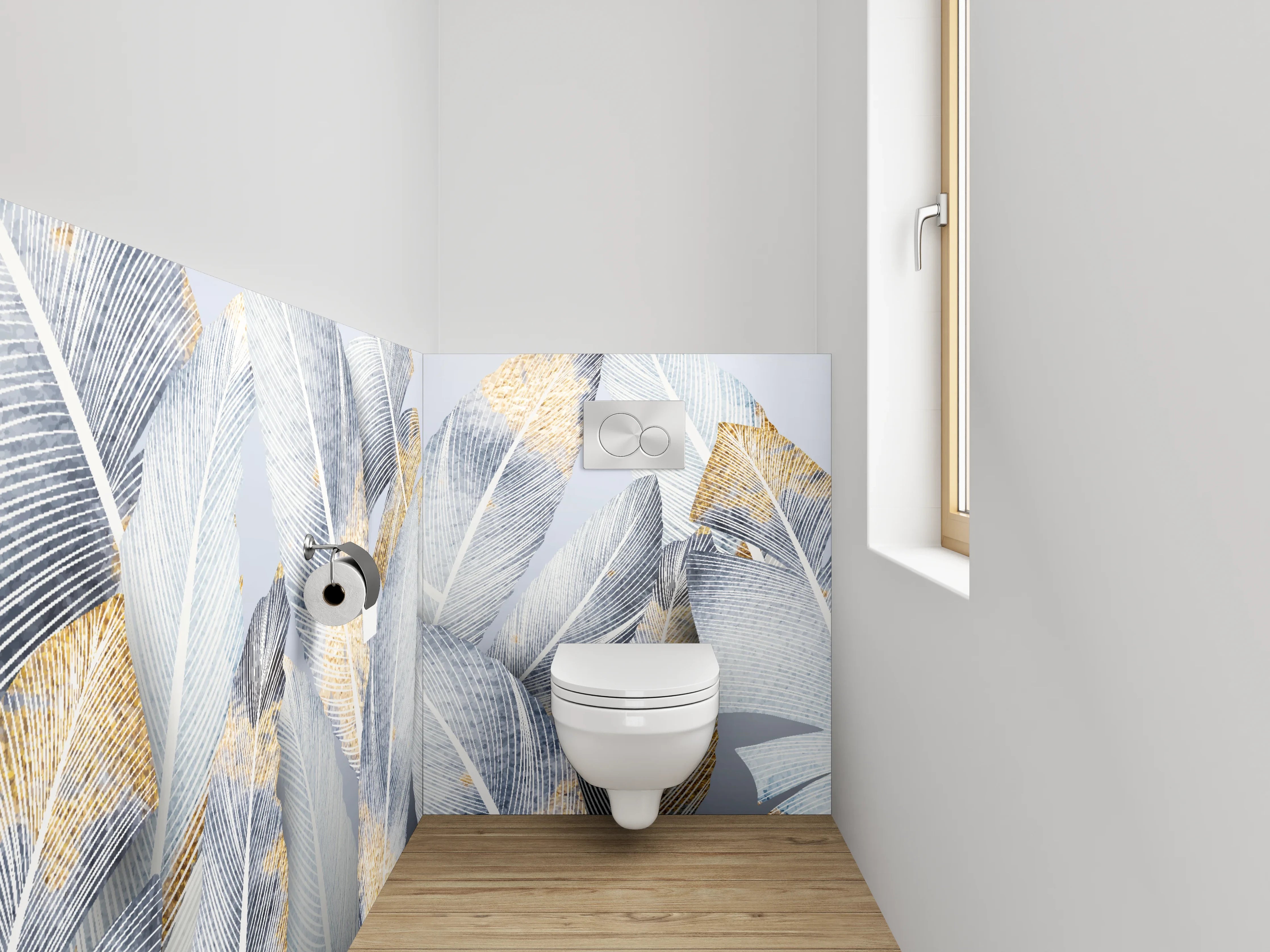 WC-Rückwand - Weiße Federn mit Goldakzenten