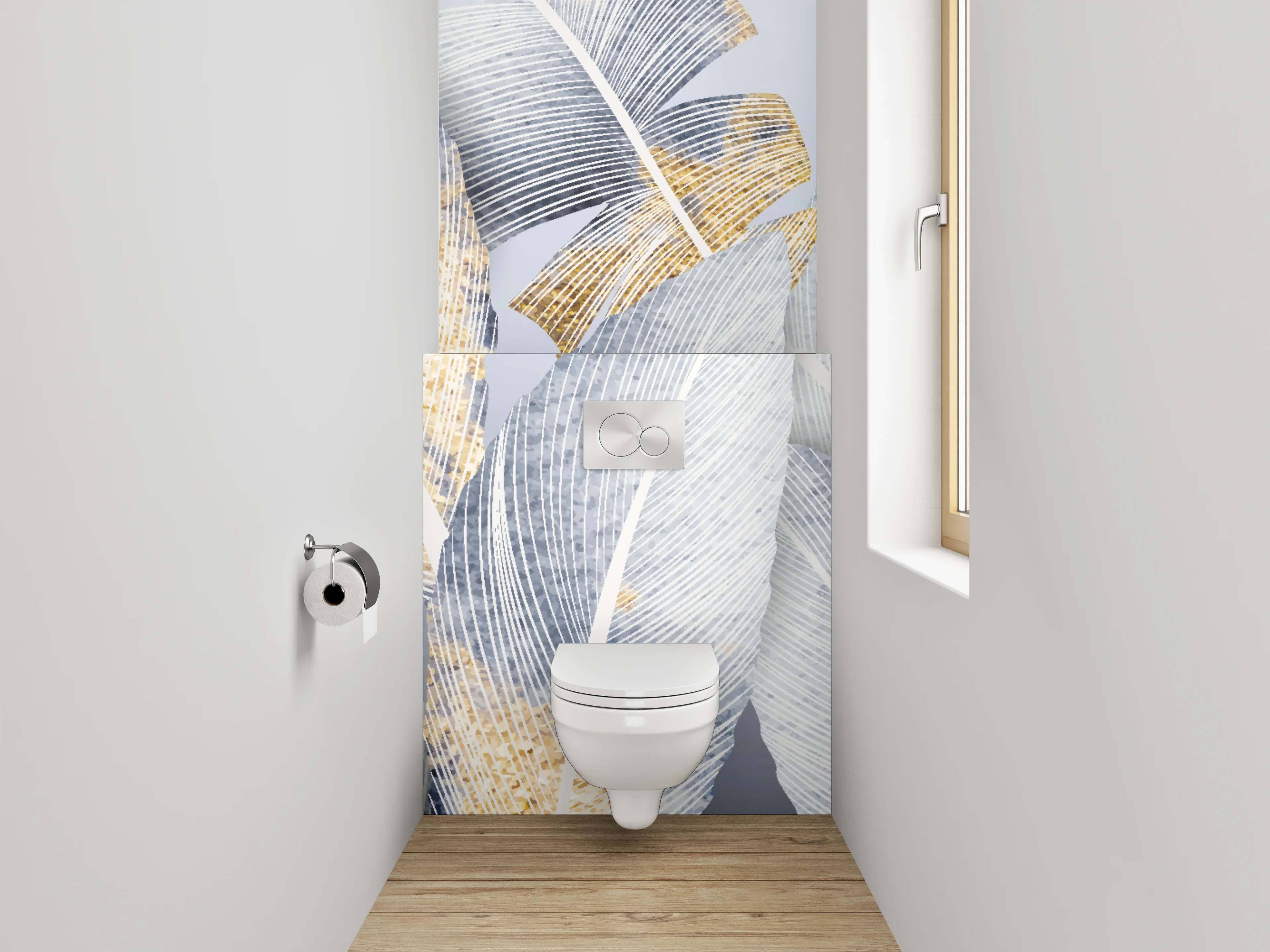 WC-Rückwand - Weiße Federn mit Goldakzenten