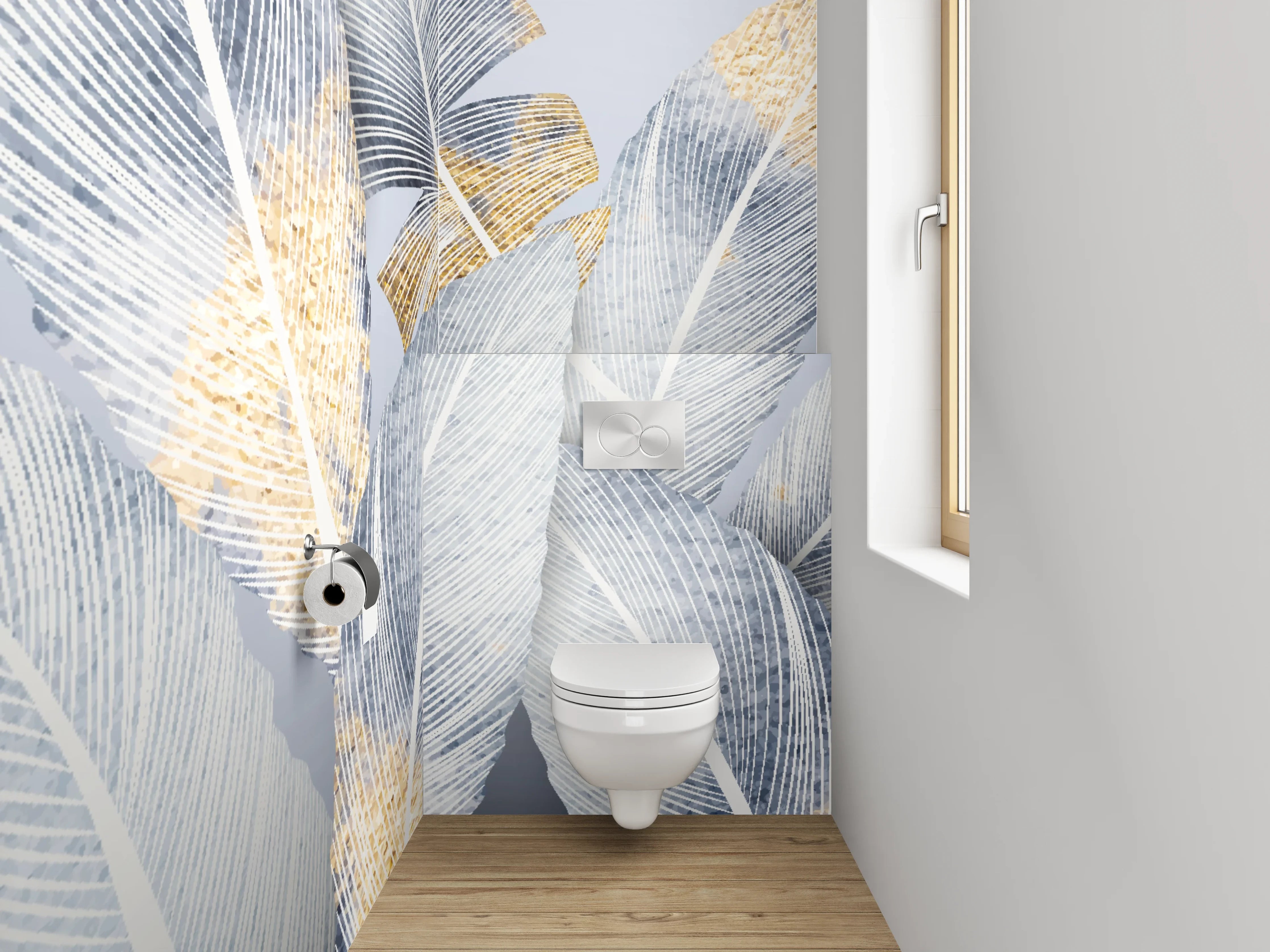 WC-Rückwand - Weiße Federn mit Goldakzenten