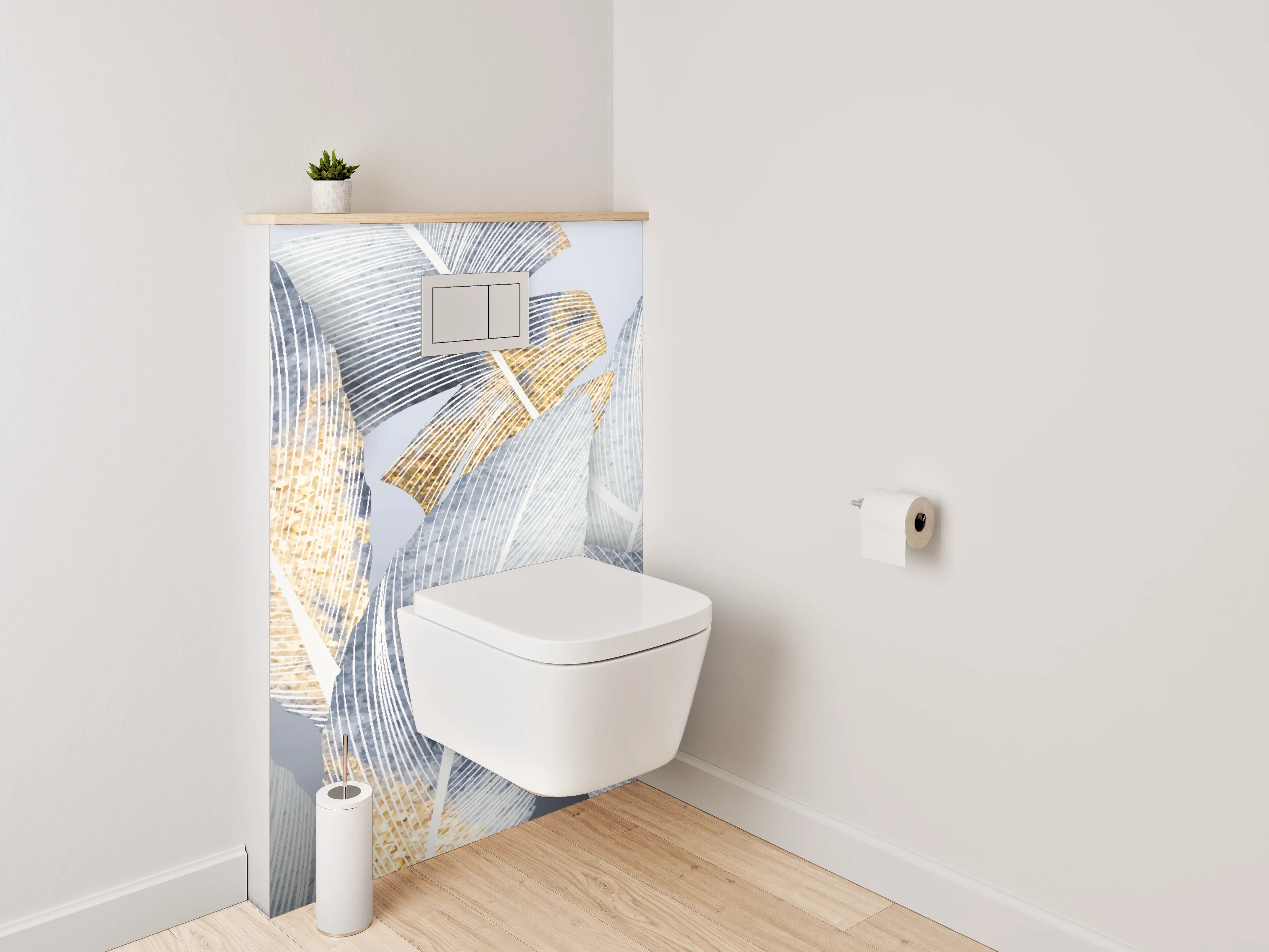 WC-Rückwand - Weiße Federn mit Goldakzenten