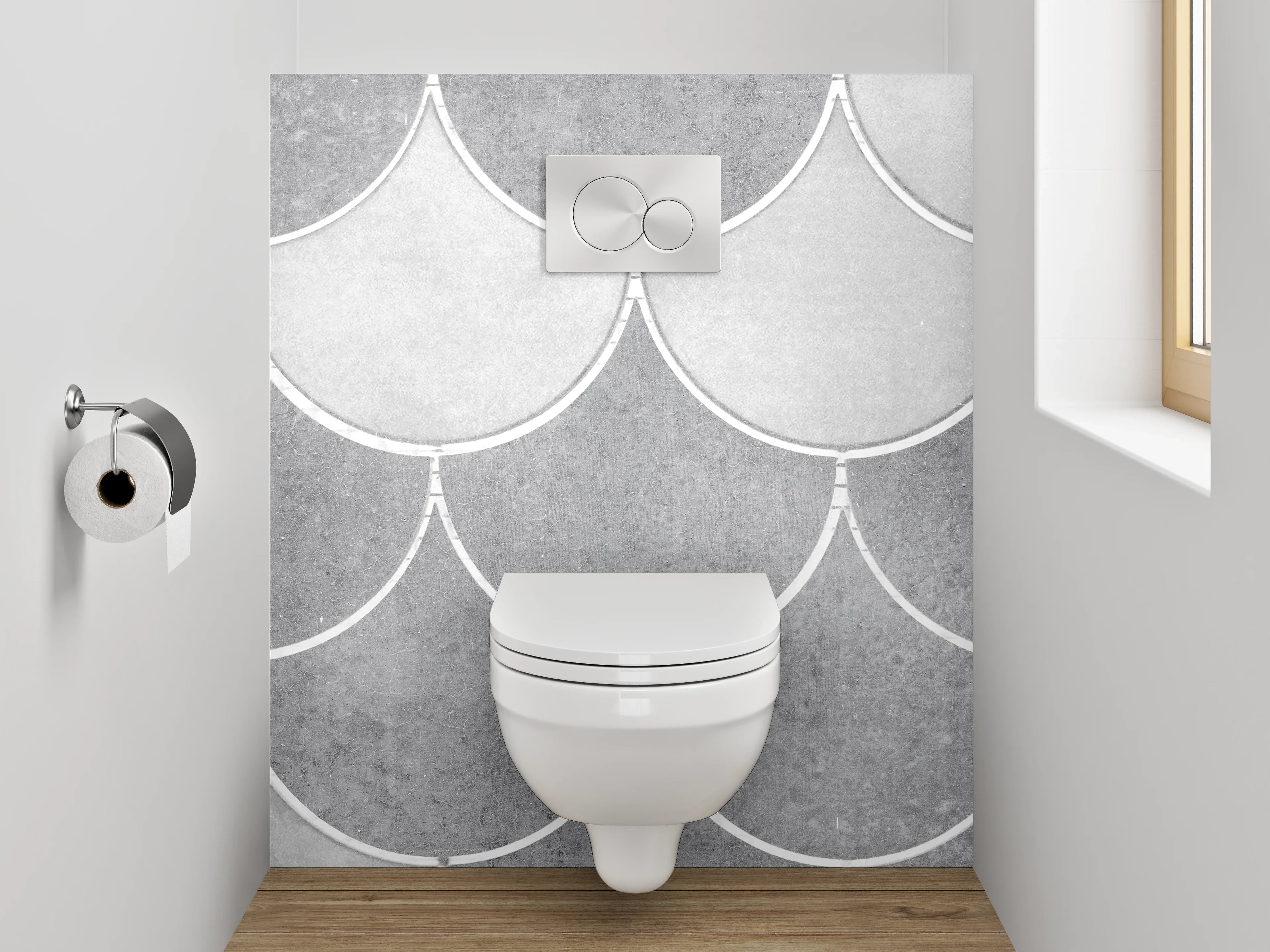 WC-Rückwand - Weiße Fischschuppen Fliesenoptik Grau