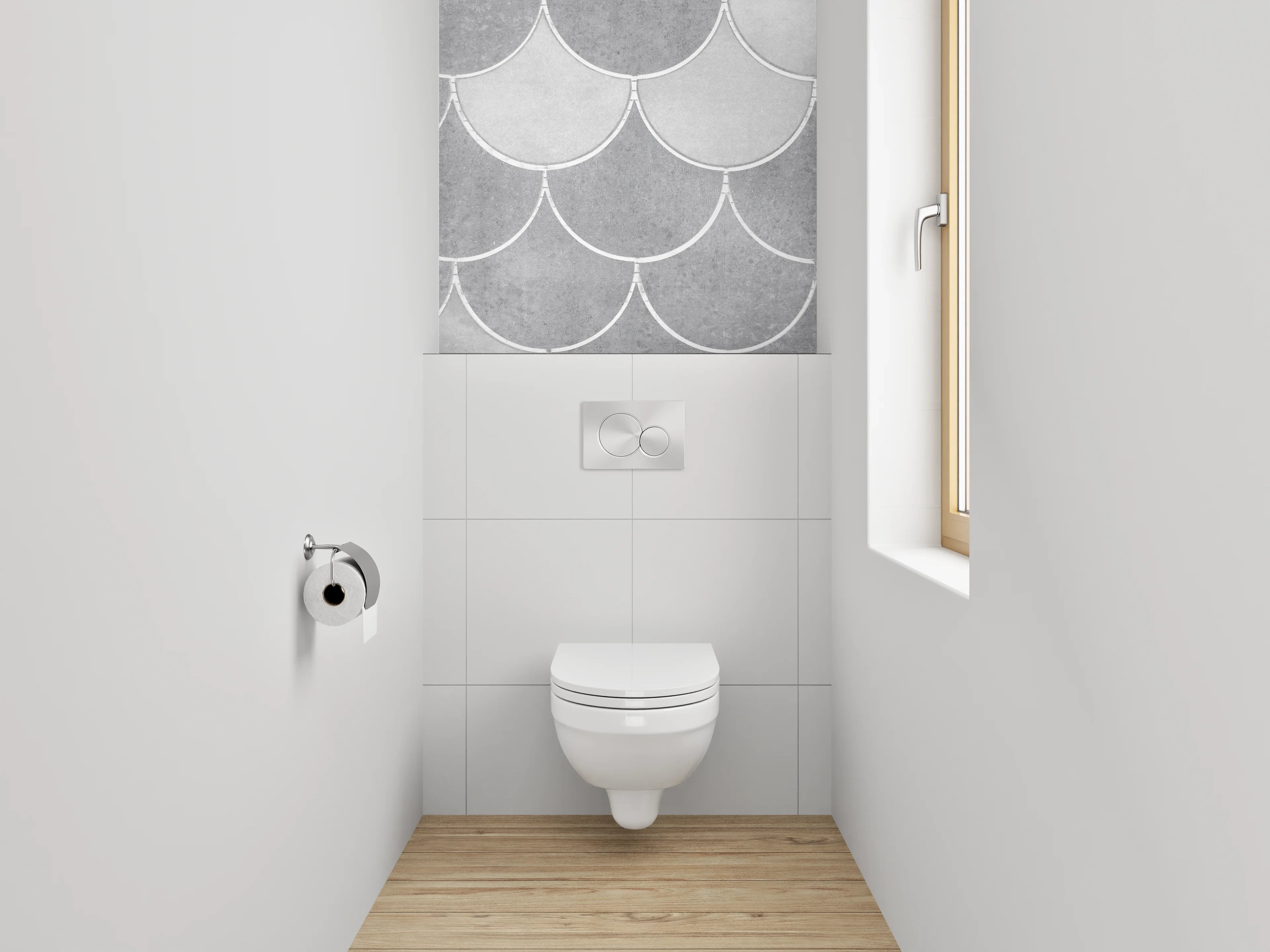 WC-Rückwand - Weiße Fischschuppen Fliesenoptik Grau