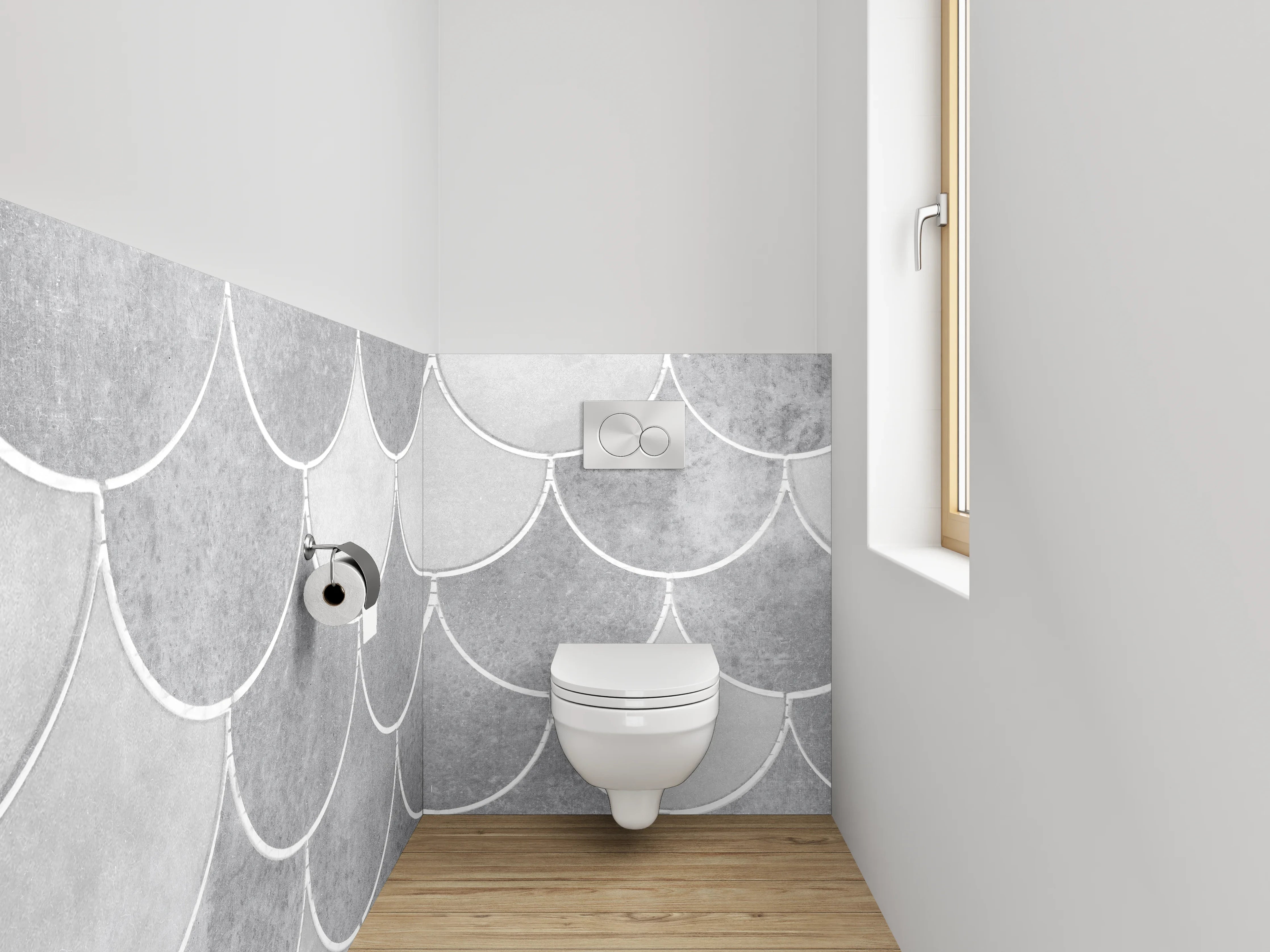 WC-Rückwand - Weiße Fischschuppen Fliesenoptik Grau