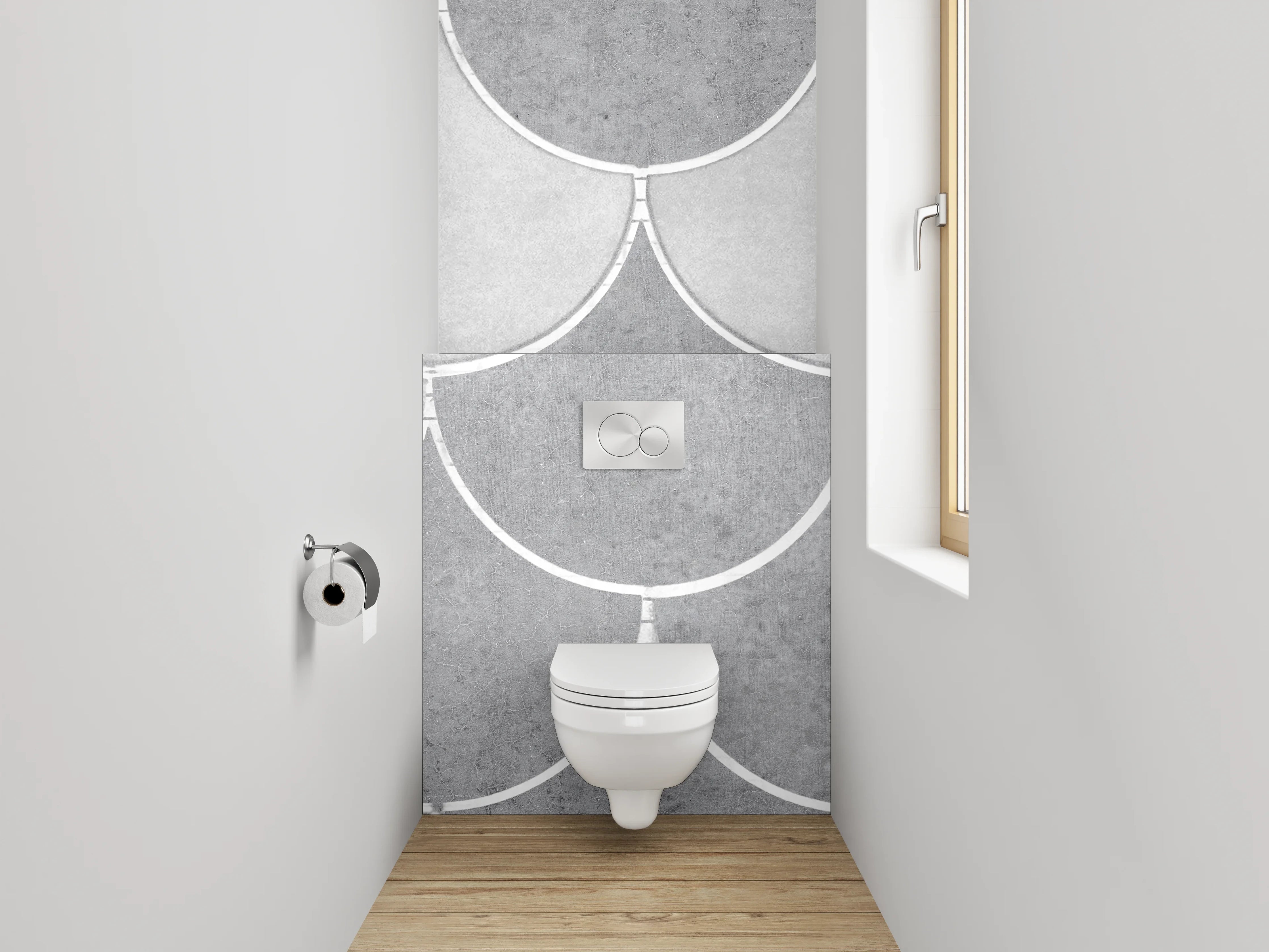 WC-Rückwand - Weiße Fischschuppen Fliesenoptik Grau