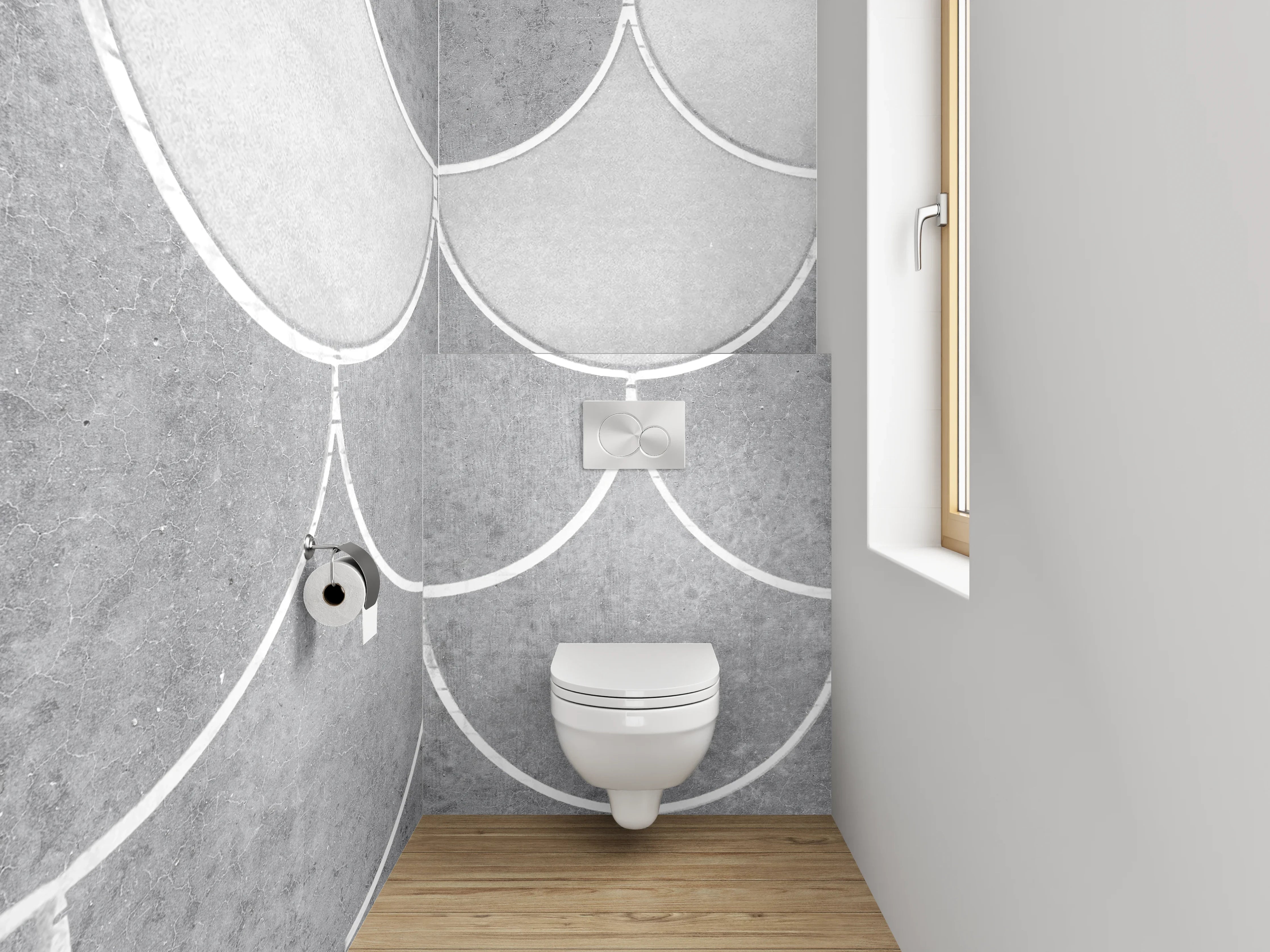 WC-Rückwand - Weiße Fischschuppen Fliesenoptik Grau