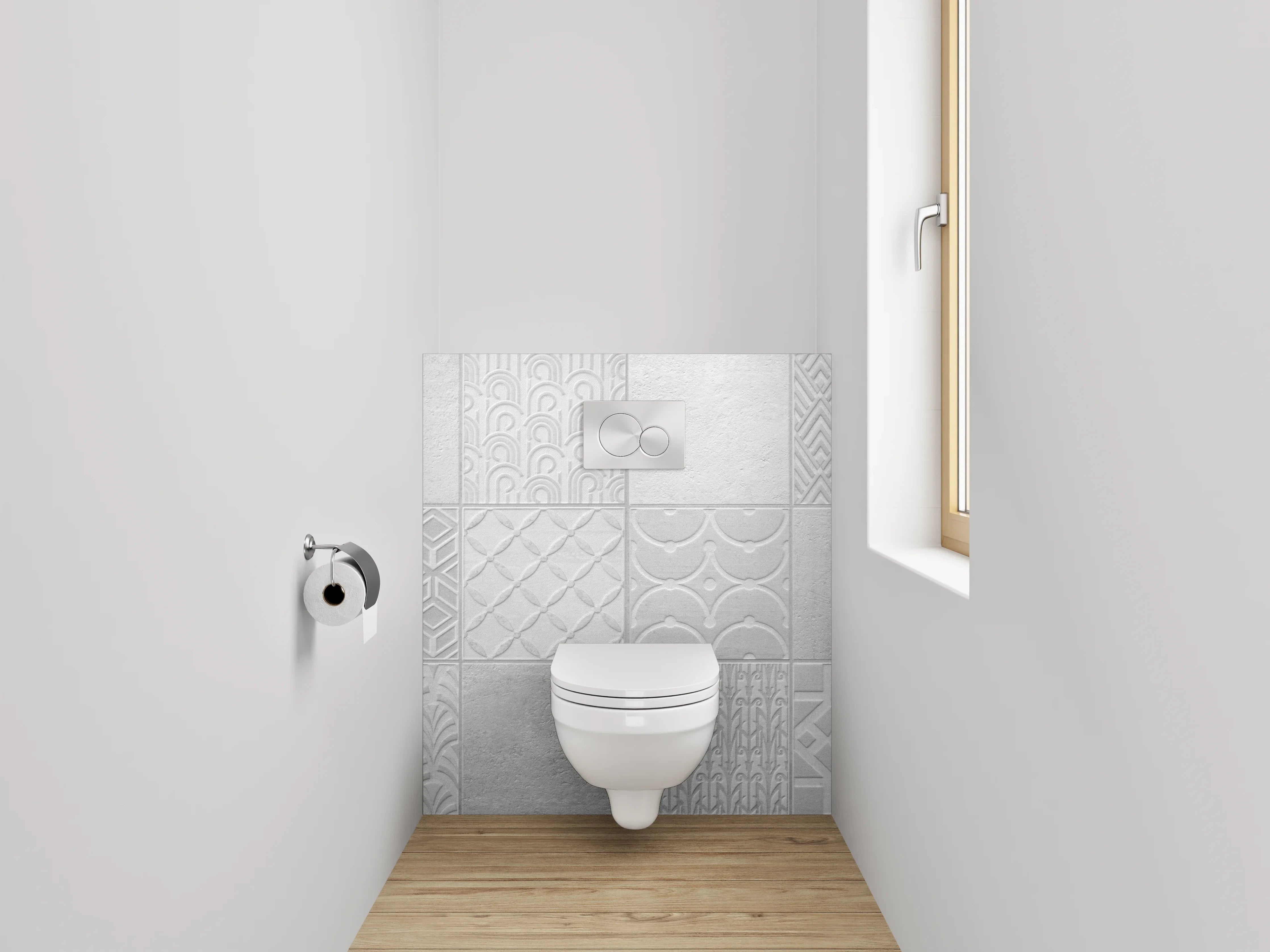 WC-Rückwand - Weiße Fliesen mit geometrischem Muster