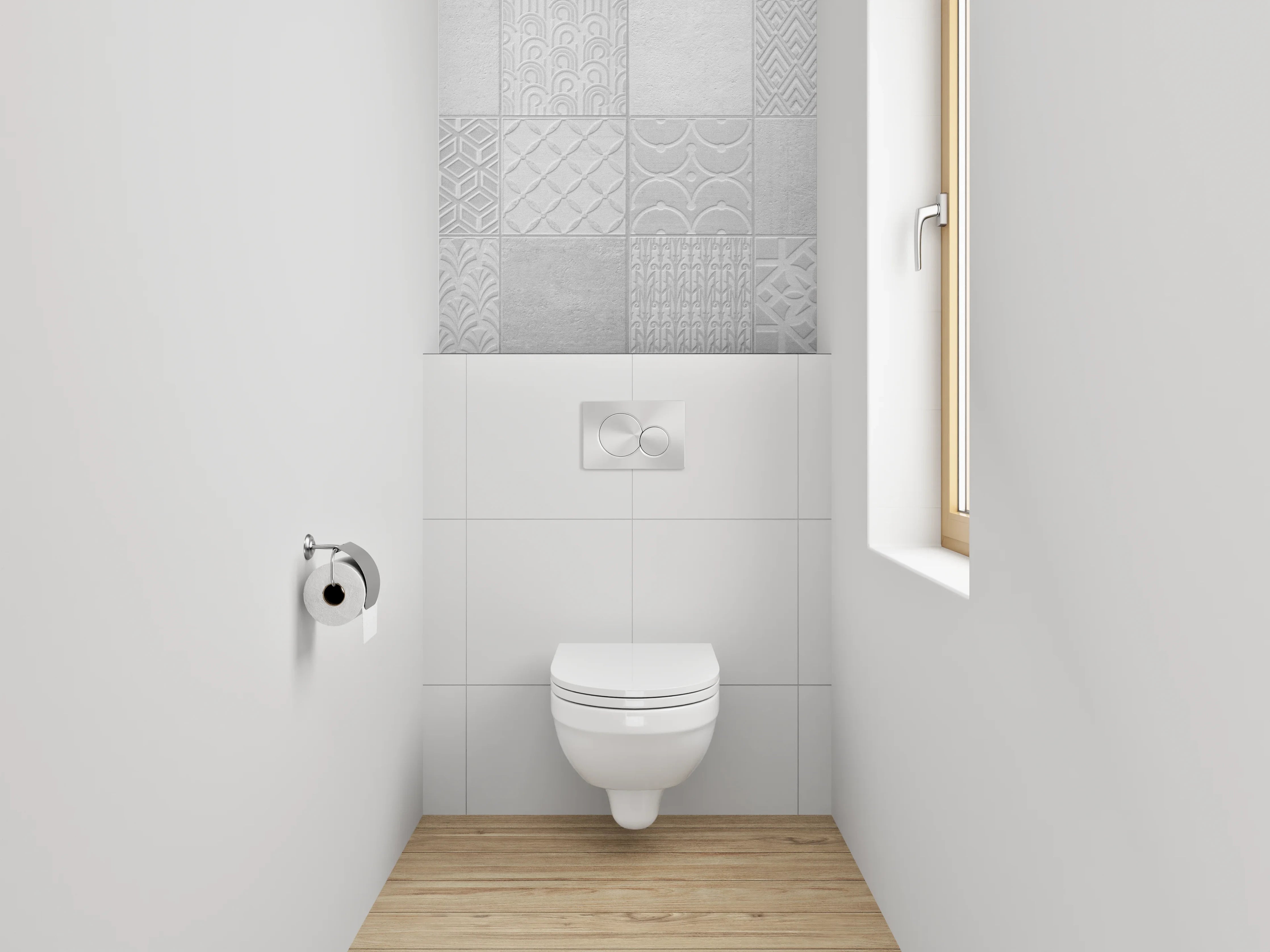 WC-Rückwand - Weiße Fliesen mit geometrischem Muster