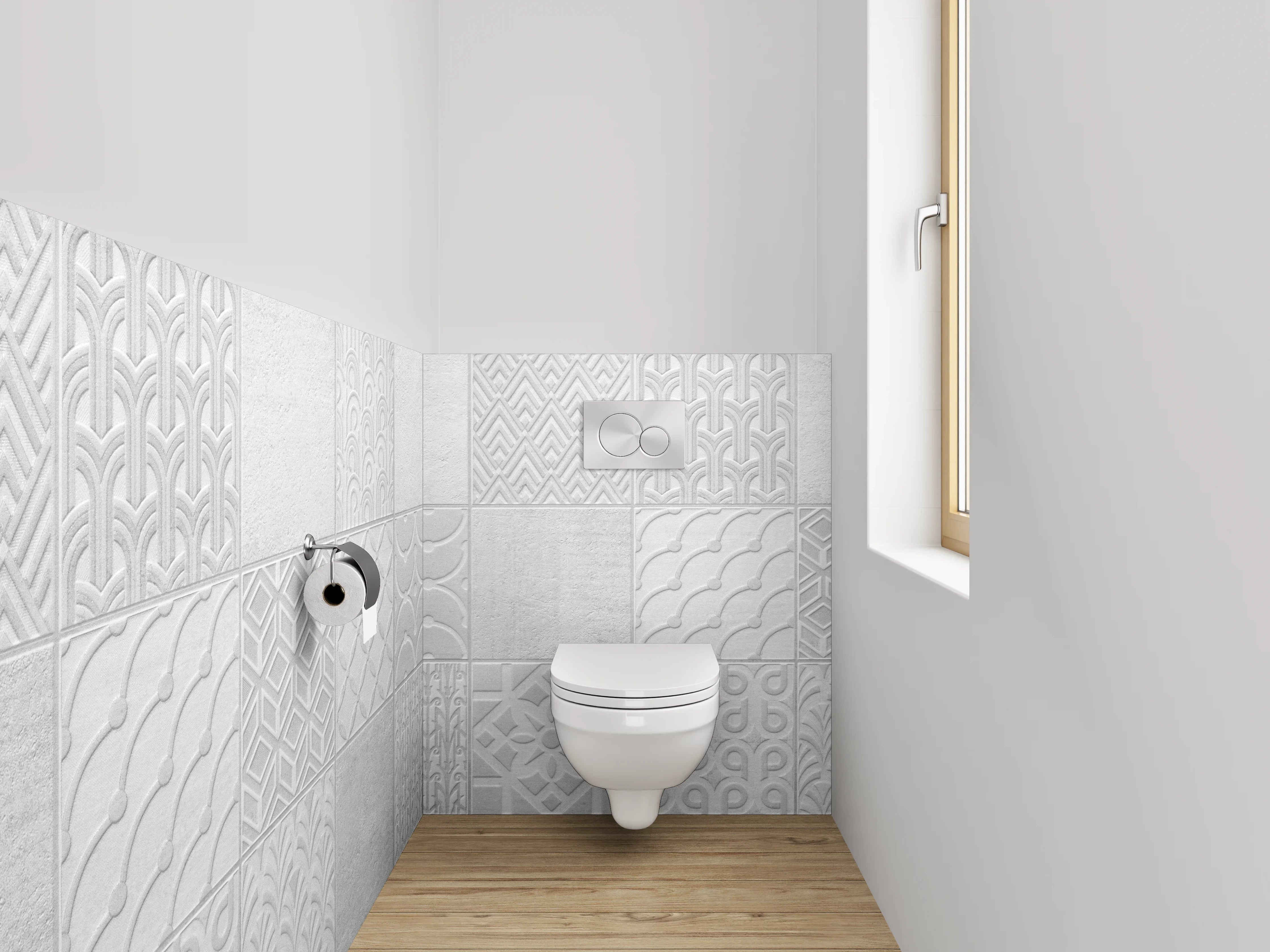 WC-Rückwand - Weiße Fliesen mit geometrischem Muster