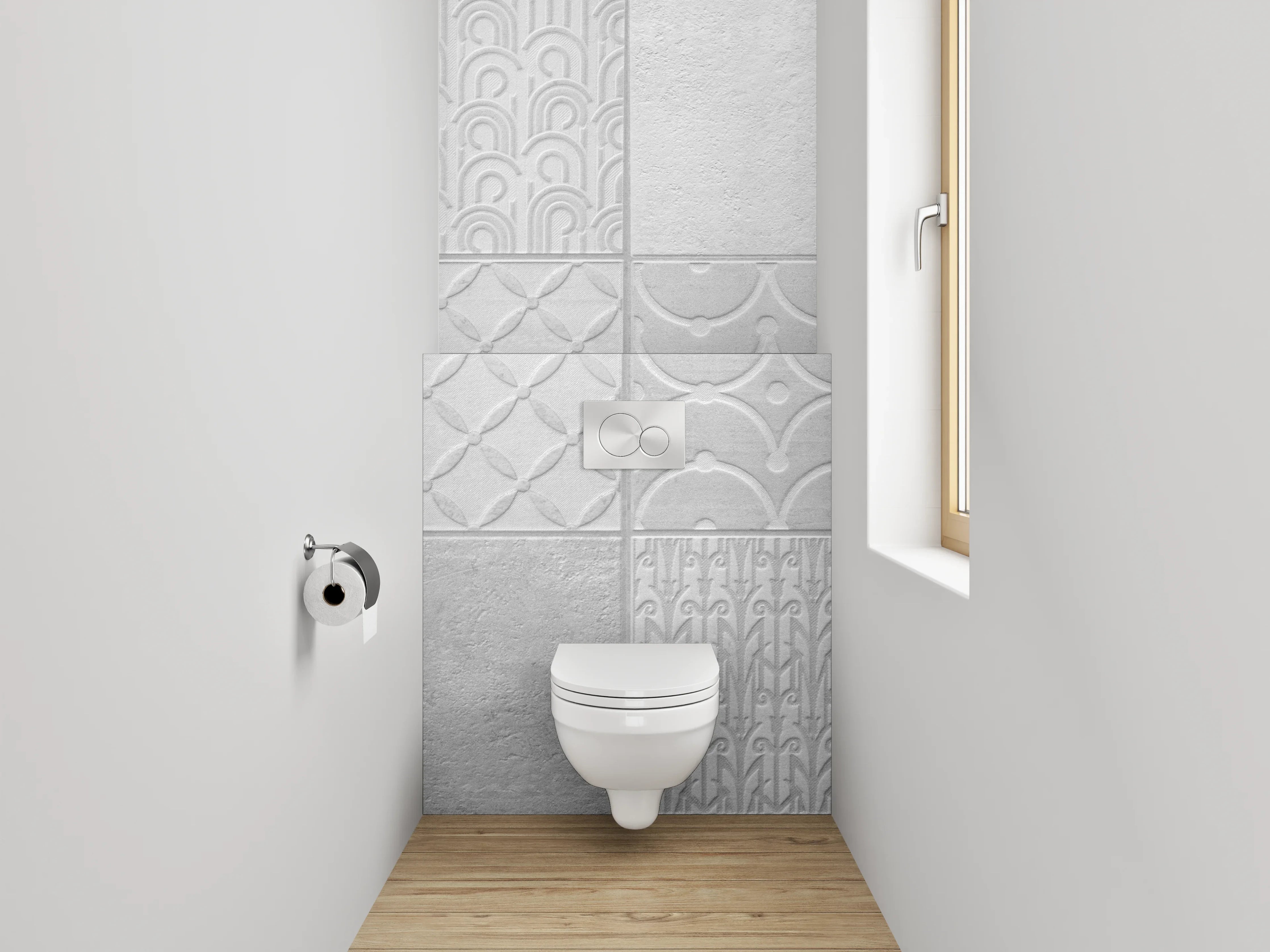 WC-Rückwand - Weiße Fliesen mit geometrischem Muster