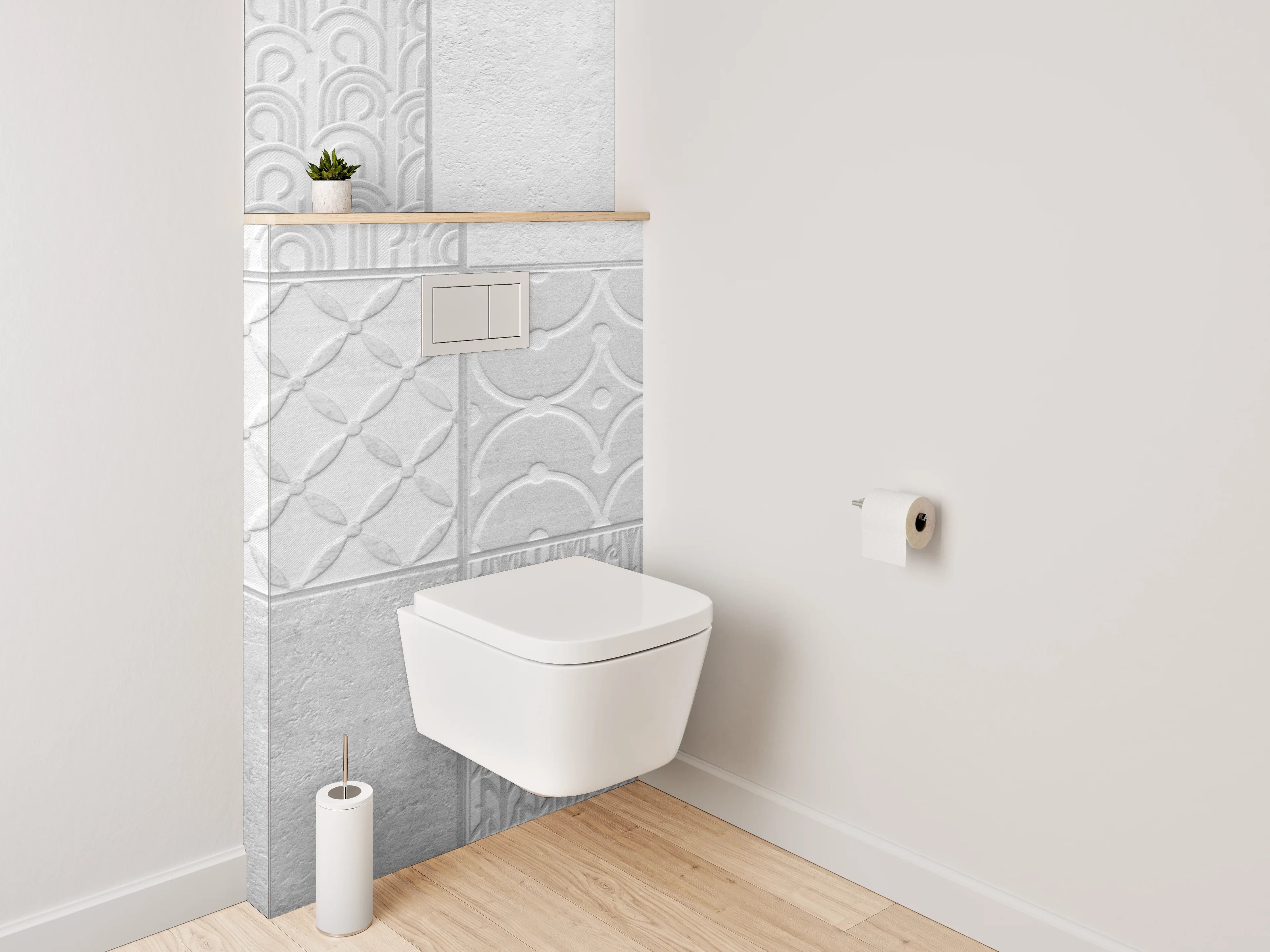 WC-Rückwand - Weiße Fliesen mit geometrischem Muster