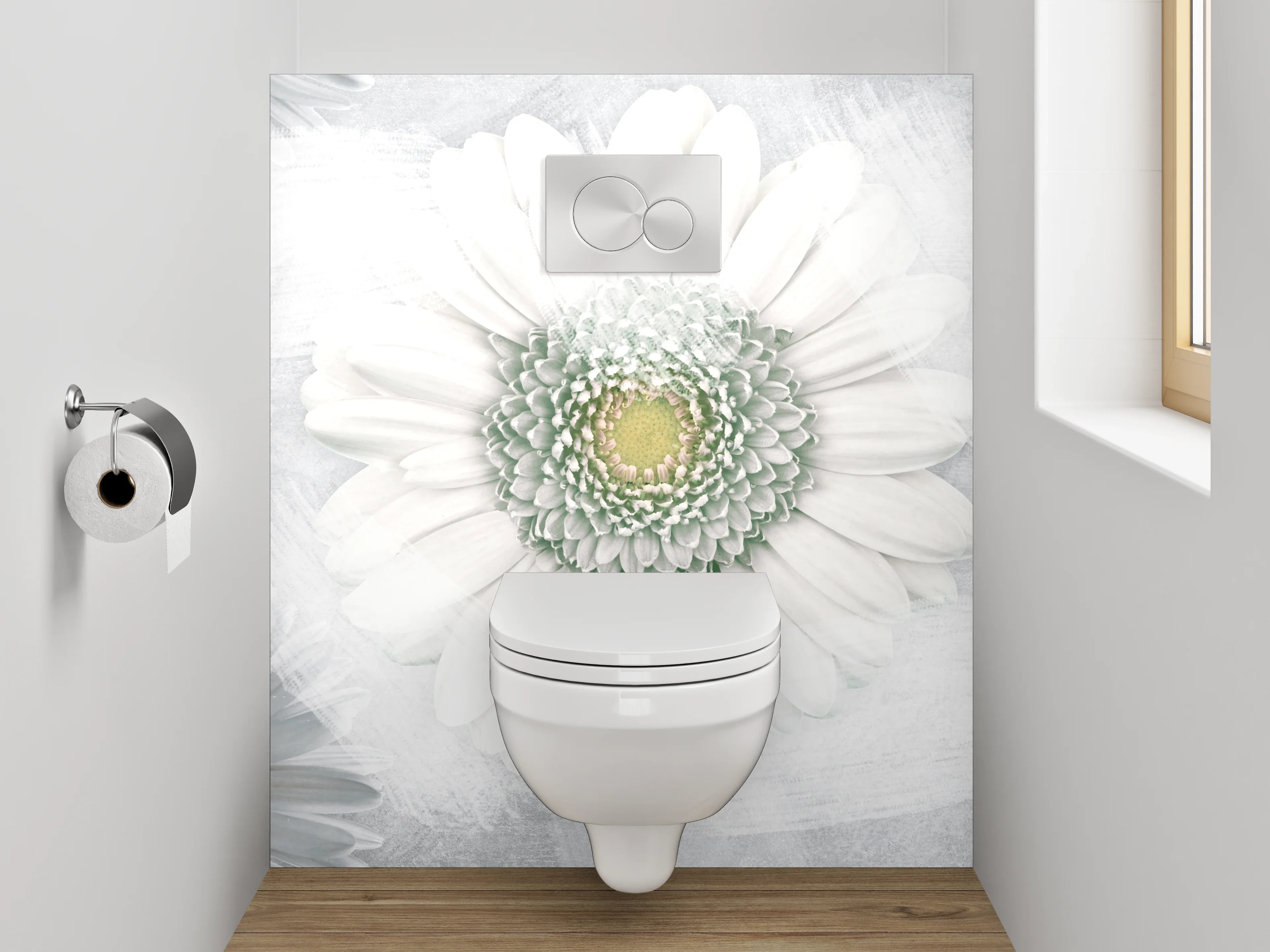WC-Rückwand - Weiße Gänseblümchen auf sanftem Grau
