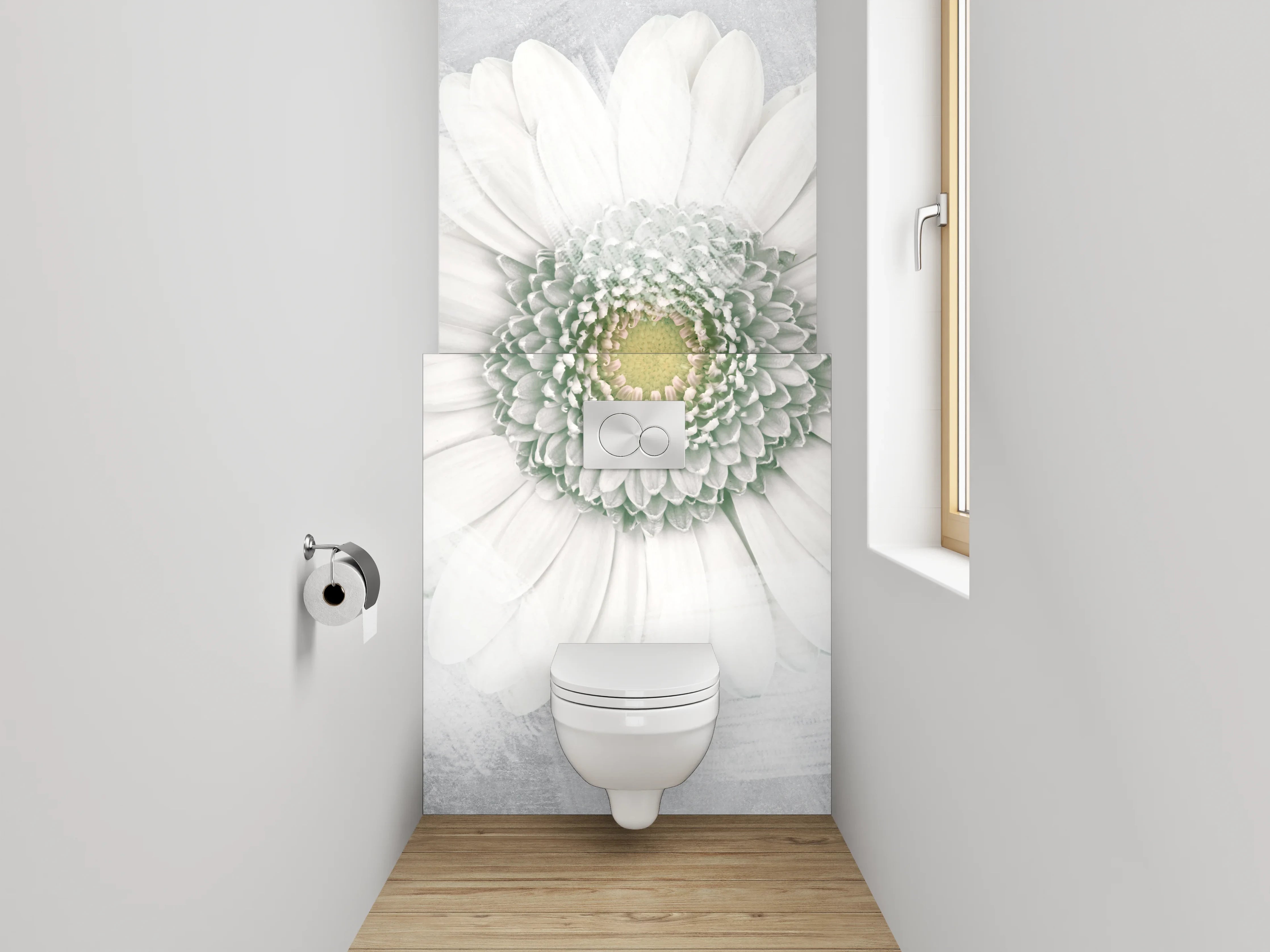 WC-Rückwand - Weiße Gänseblümchen auf sanftem Grau