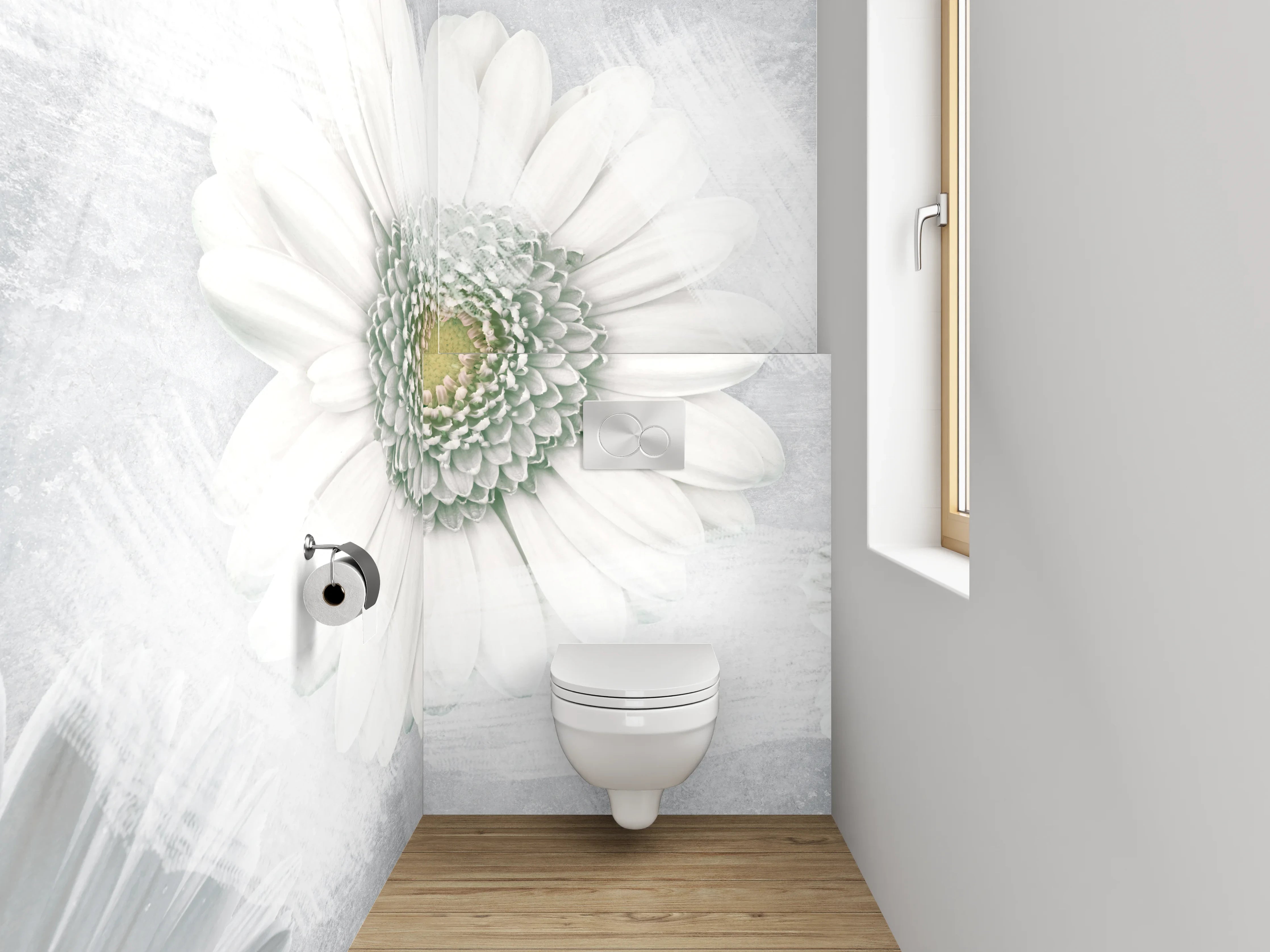 WC-Rückwand - Weiße Gänseblümchen auf sanftem Grau