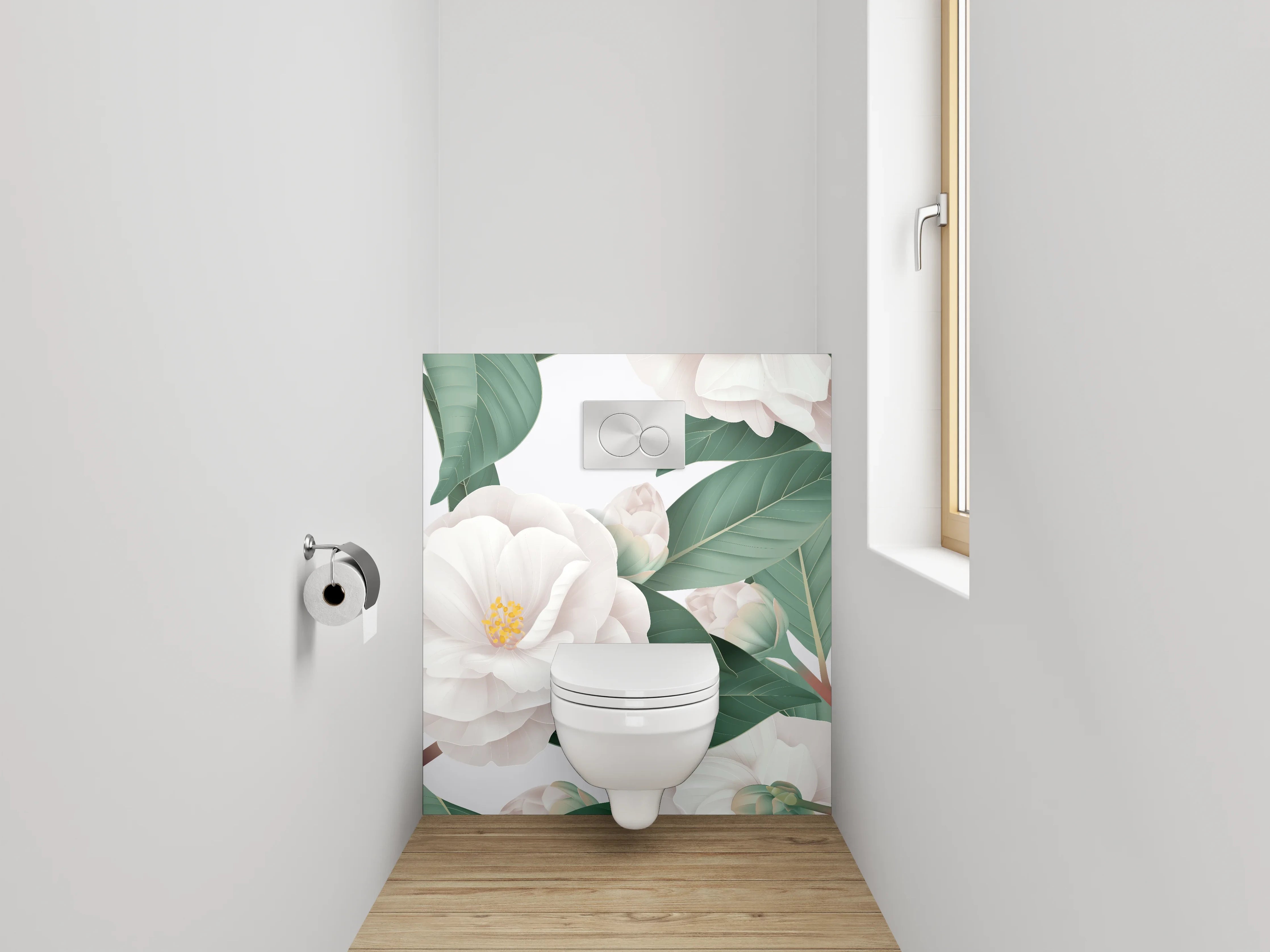 WC-Rückwand - Weiße Kamelien auf grünen Blättern