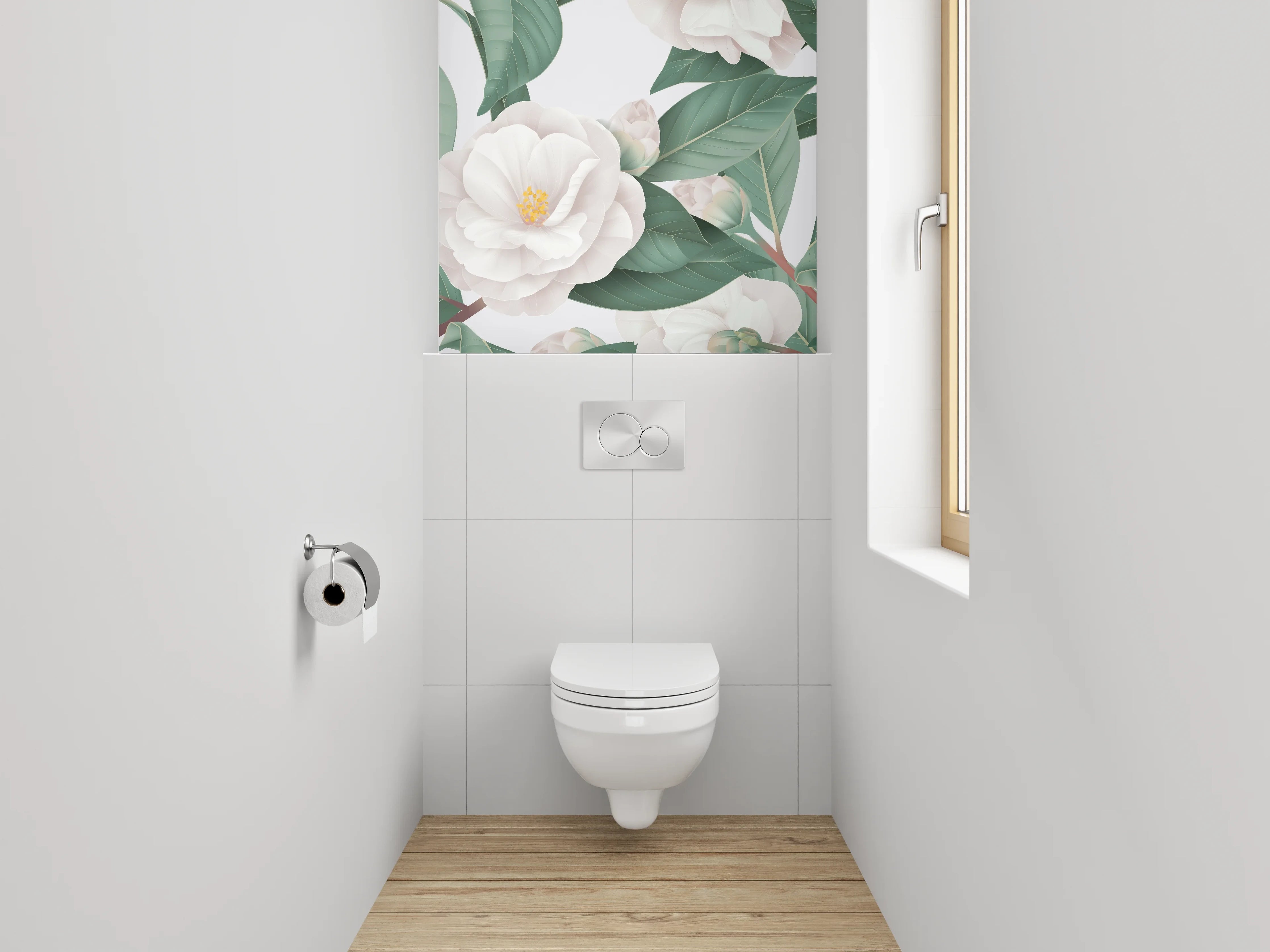 WC-Rückwand - Weiße Kamelien auf grünen Blättern