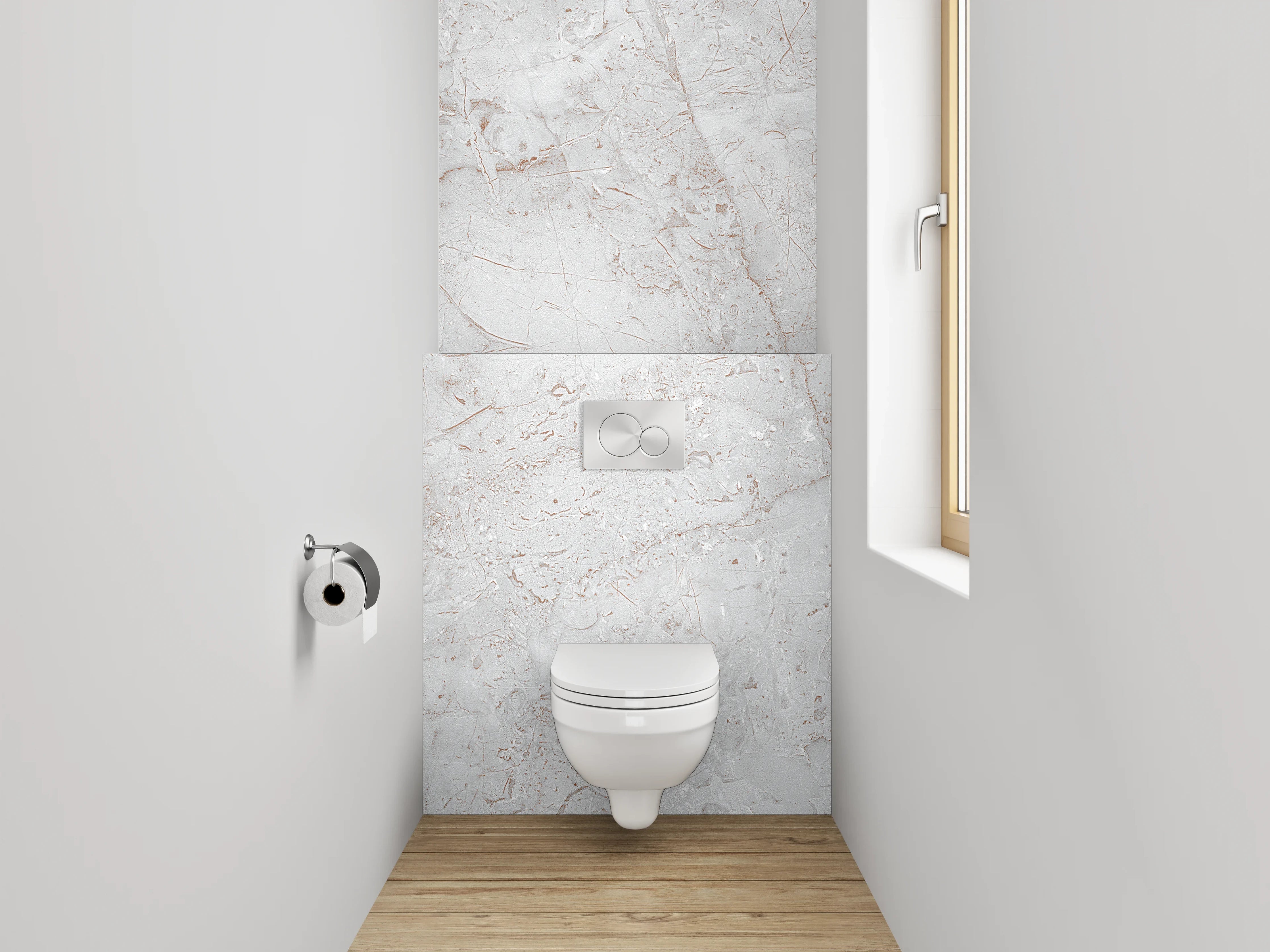 WC-Rückwand - Weiße Marmoroptik mit feinen Grautönen
