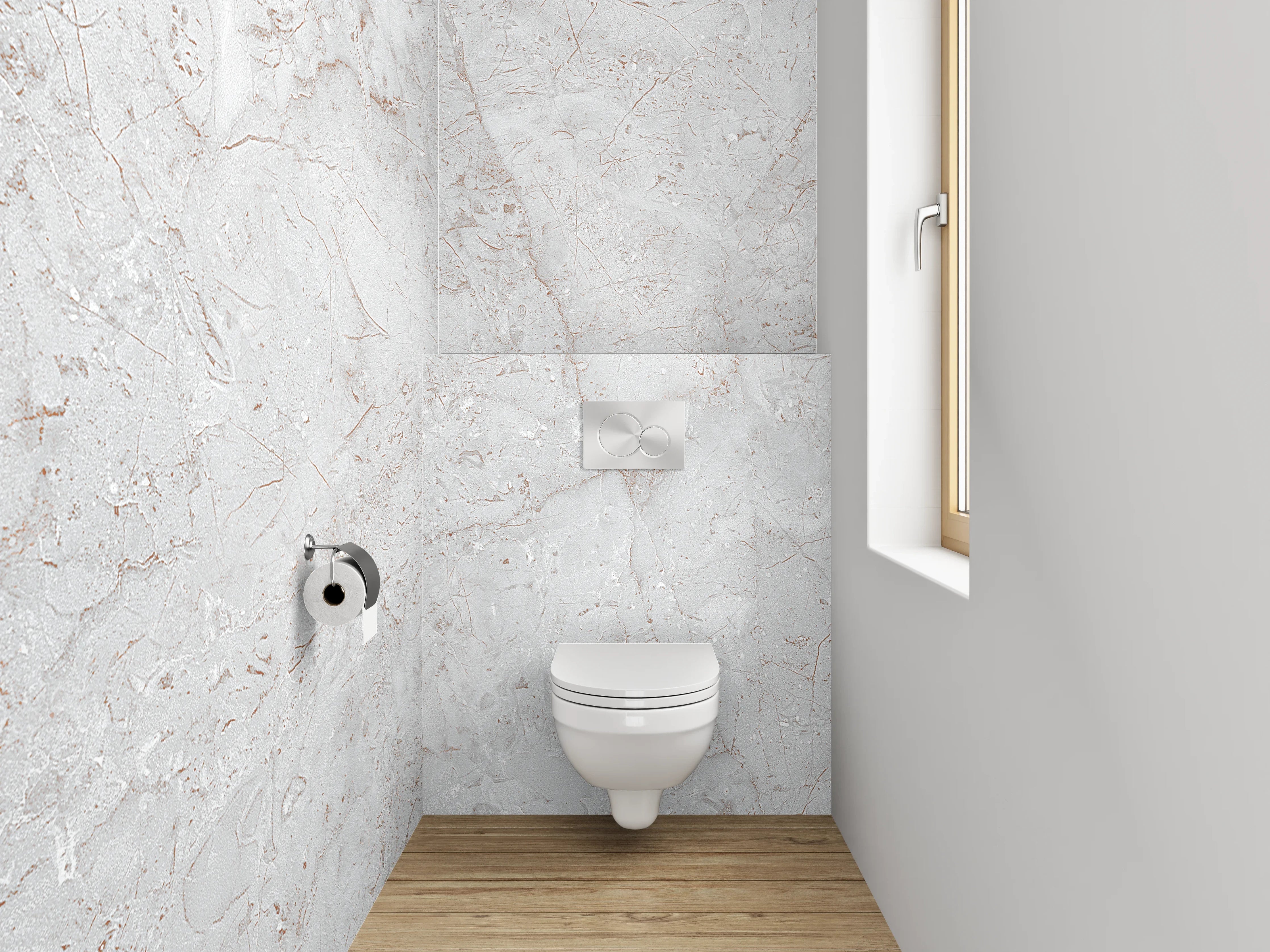 WC-Rückwand - Weiße Marmoroptik mit feinen Grautönen