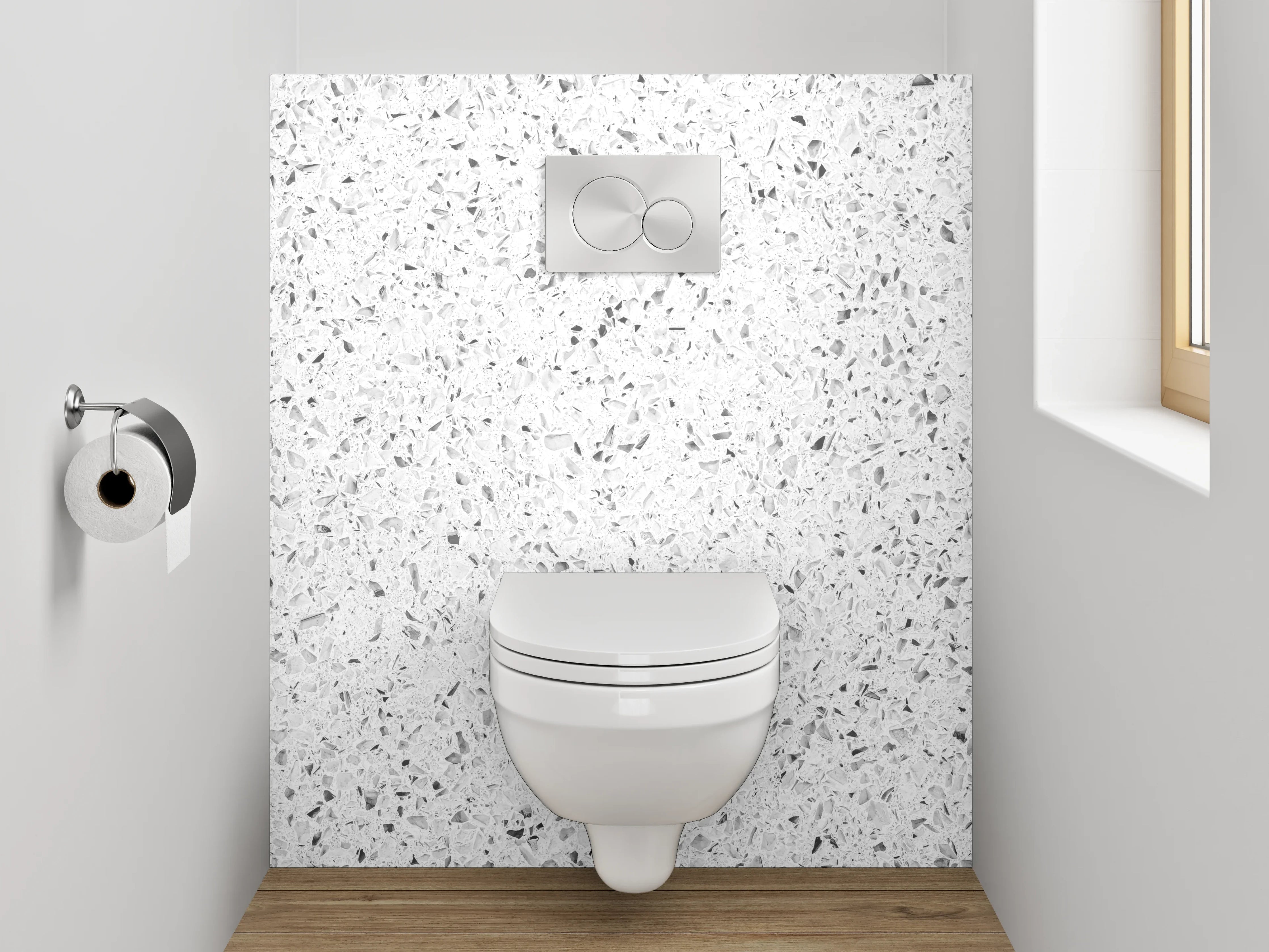 WC-Rückwand - Weiße Marmorstruktur mit feinen grau Akzenten