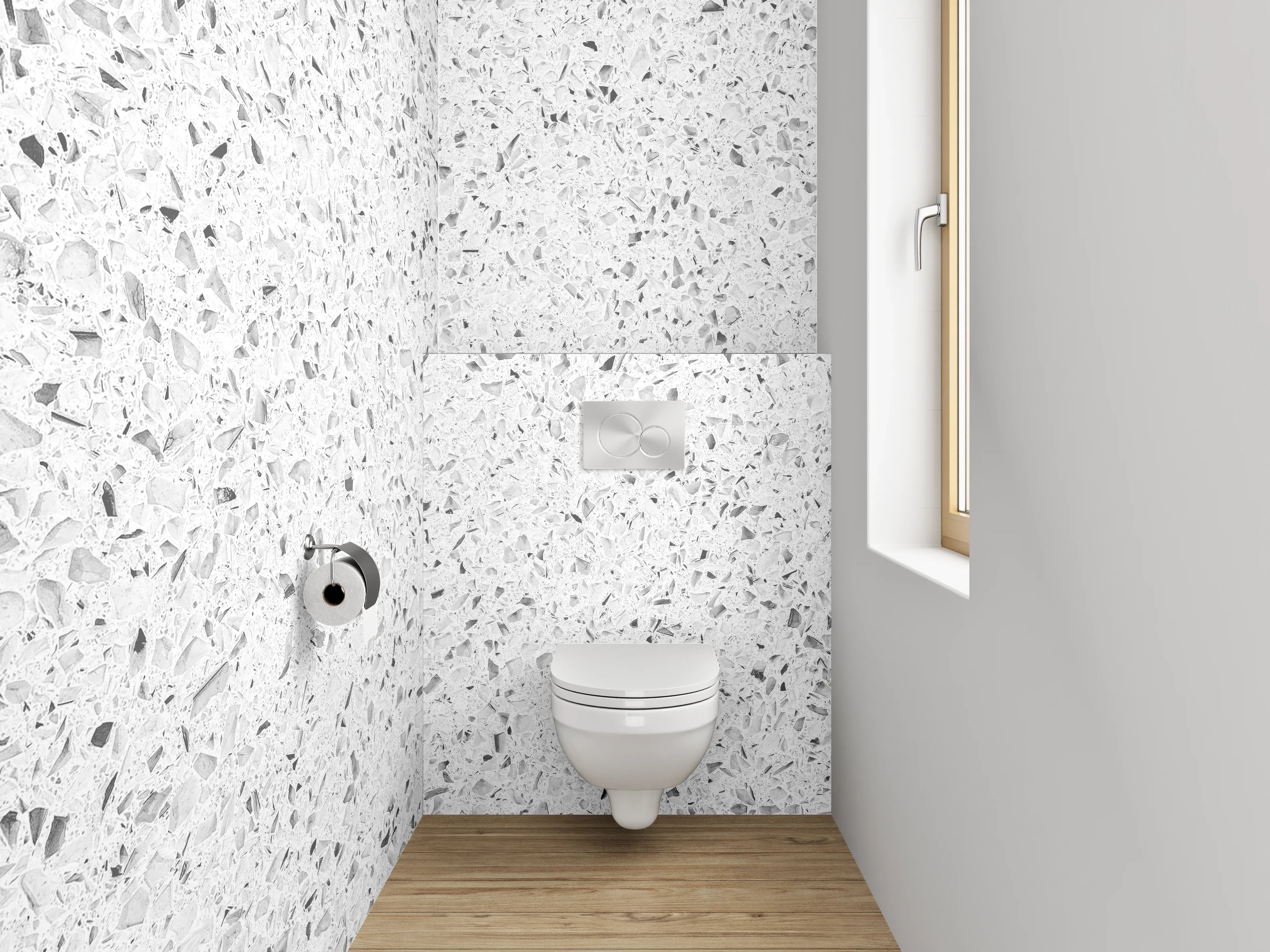 WC-Rückwand - Weiße Marmorstruktur mit feinen grau Akzenten