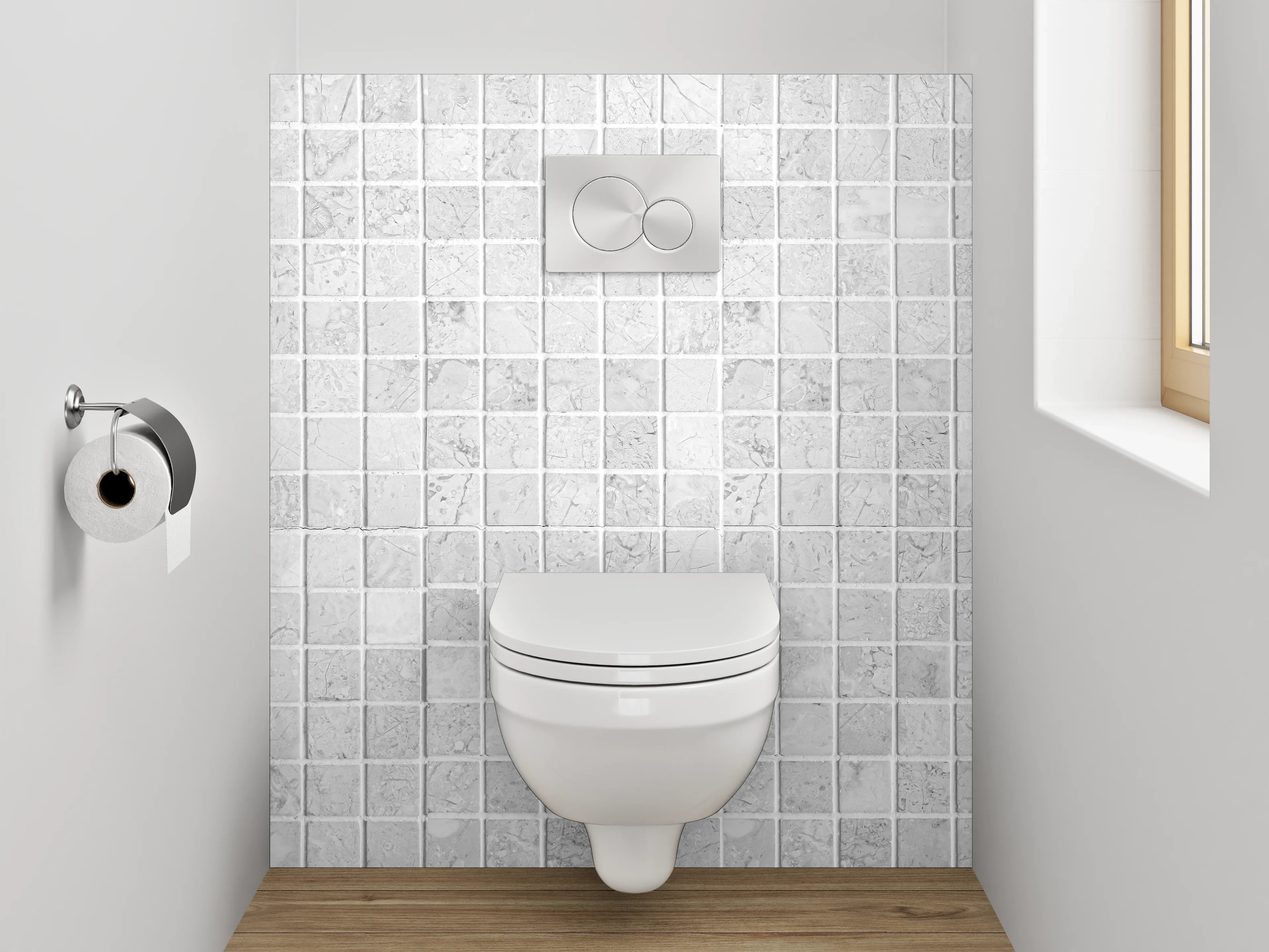 WC-Rückwand - Weiße Mosaikfliesen mit dezentem Muster